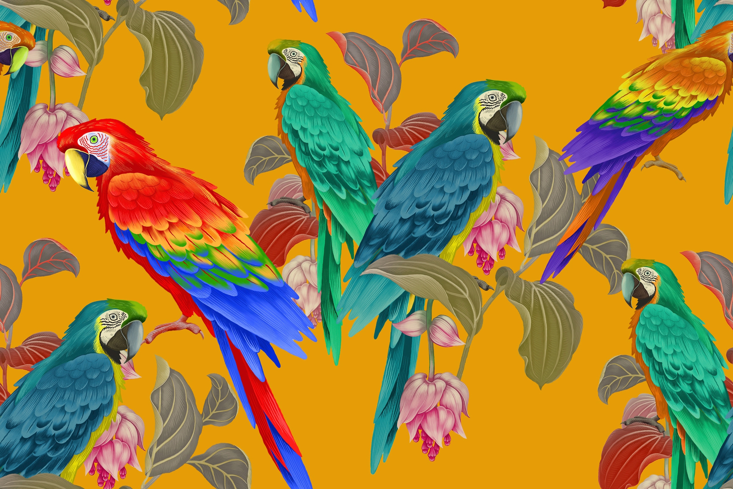 Image of Papermoon Fototapete "BLUMEN ABSTRAKT-PAPGEIEN MUSTER DESIGN VOGEL BLUMEN"