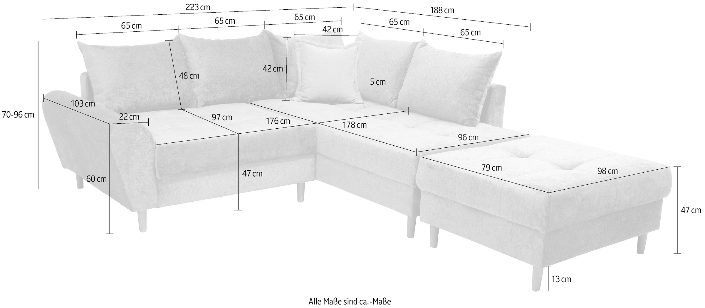 COLLECTION AB Ecksofa »Reims L-Form« Ottomane beidseitig montierbar, inkl. Bettfunktion und Hocker