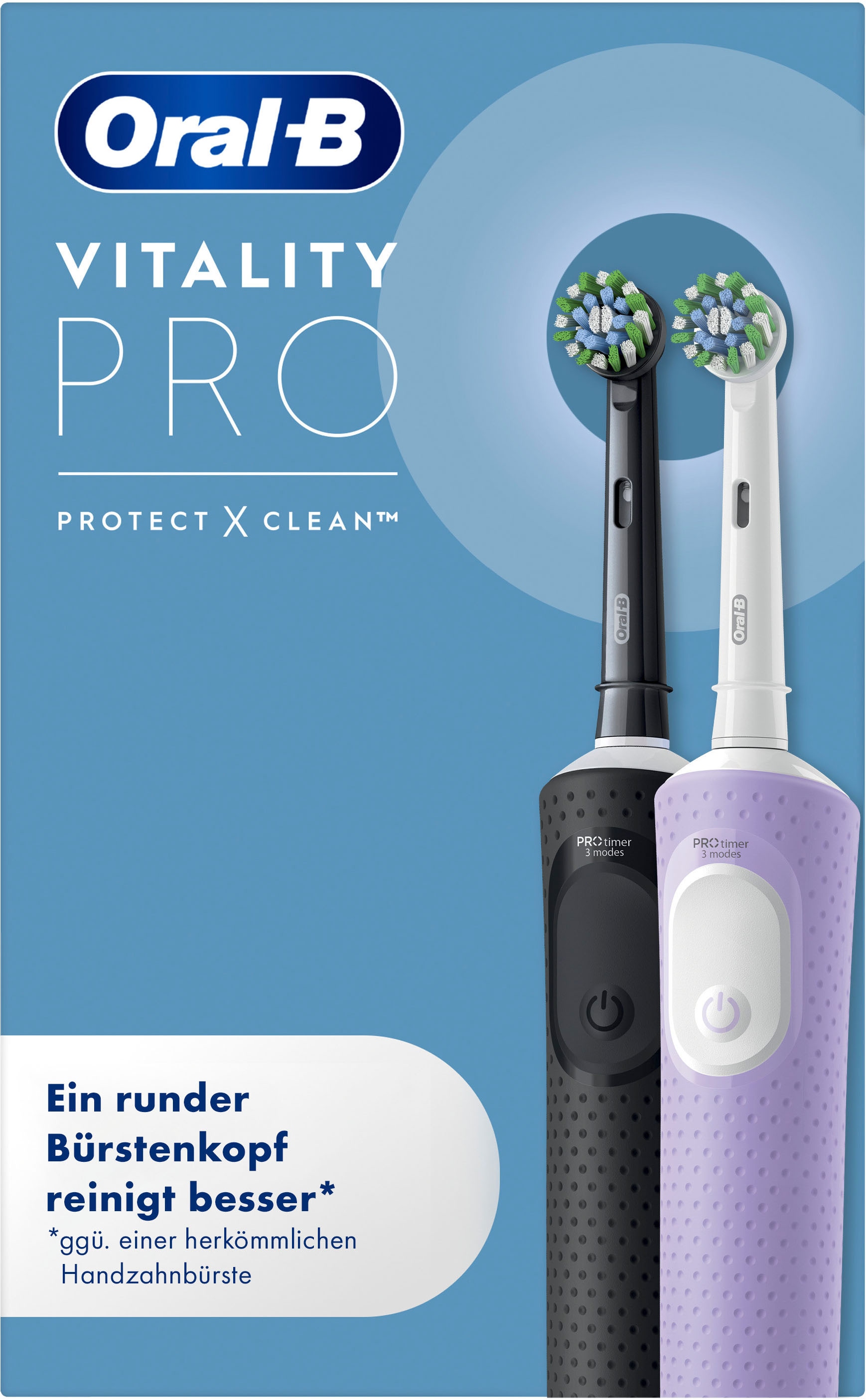 Image of Oral-B Elektrische Zahnbürste "Oral-B Vitality Pro" 2 Stk. Aufsteckbürsten 3 Putzmodi für Zahnpflege, Designed by Braun, schwarz/lila