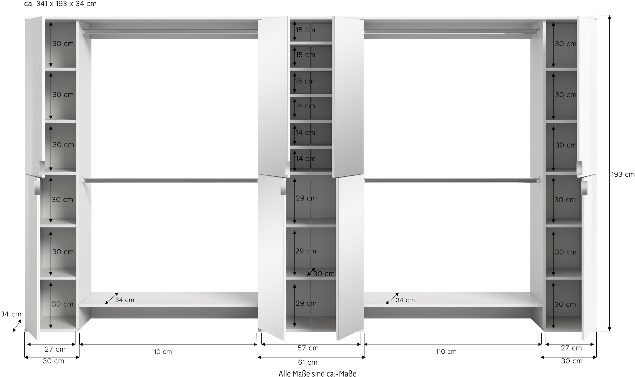 INOSIGN Garderoben-Set »Trondheim, Garderobenset 5-tlg. Breite 341 cm,«, (5 St.), best. aus: Spiegelschrank, 4 Kleiderstanden, 2x Schrank, Flur, Diele