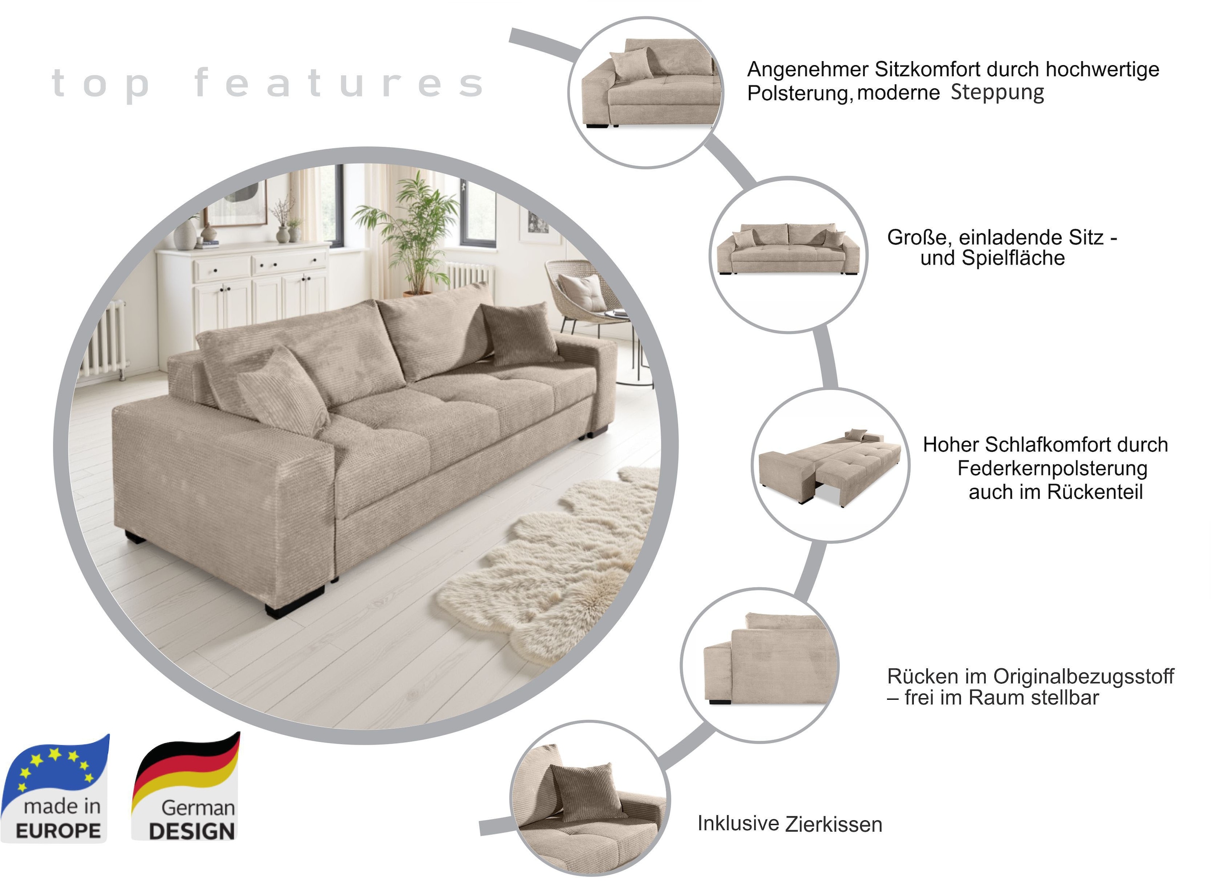 COLLECTION AB Schlafsofa »Kreta, B: 248 cm, Liegefl. 137x195 cm« Schlaffunktion, Bettkasten & 2 Zierkissen, optional mit Topper