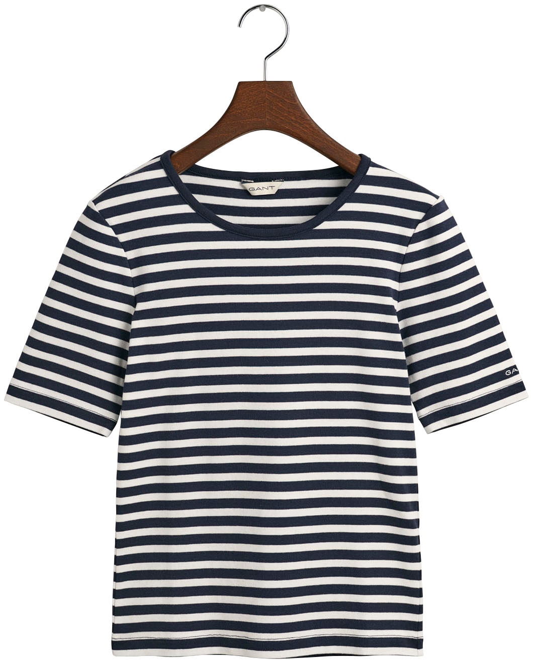 Gant T-Shirt »SLIM STRIPED 1X1 RIBBED KA T-SHIRT«, mit dezentem Logoschriftzug am Ärmelabschluss