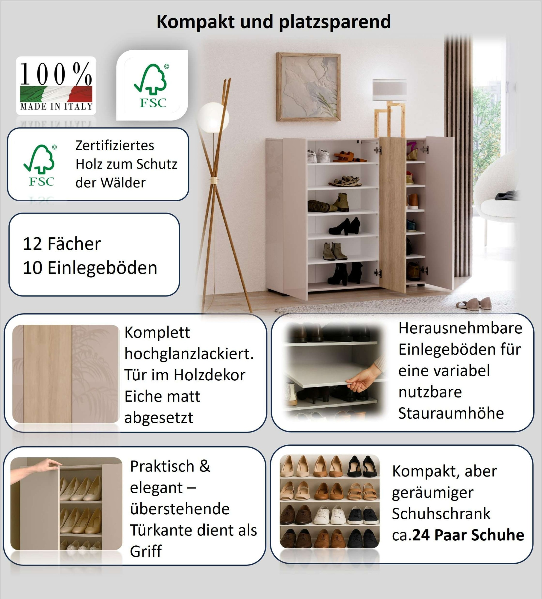 Home affaire Schuhschrank »LADY, Schuhkommode,Schuhmöbel,Schuhablage,Schuhregal« Korpus und weisse Türen hochglänzend lackiert.,  10 Einlegeböden,12 Fächer,ca. 24 Paar Schuhe-Masse: B/T/H:120x34x115 cm