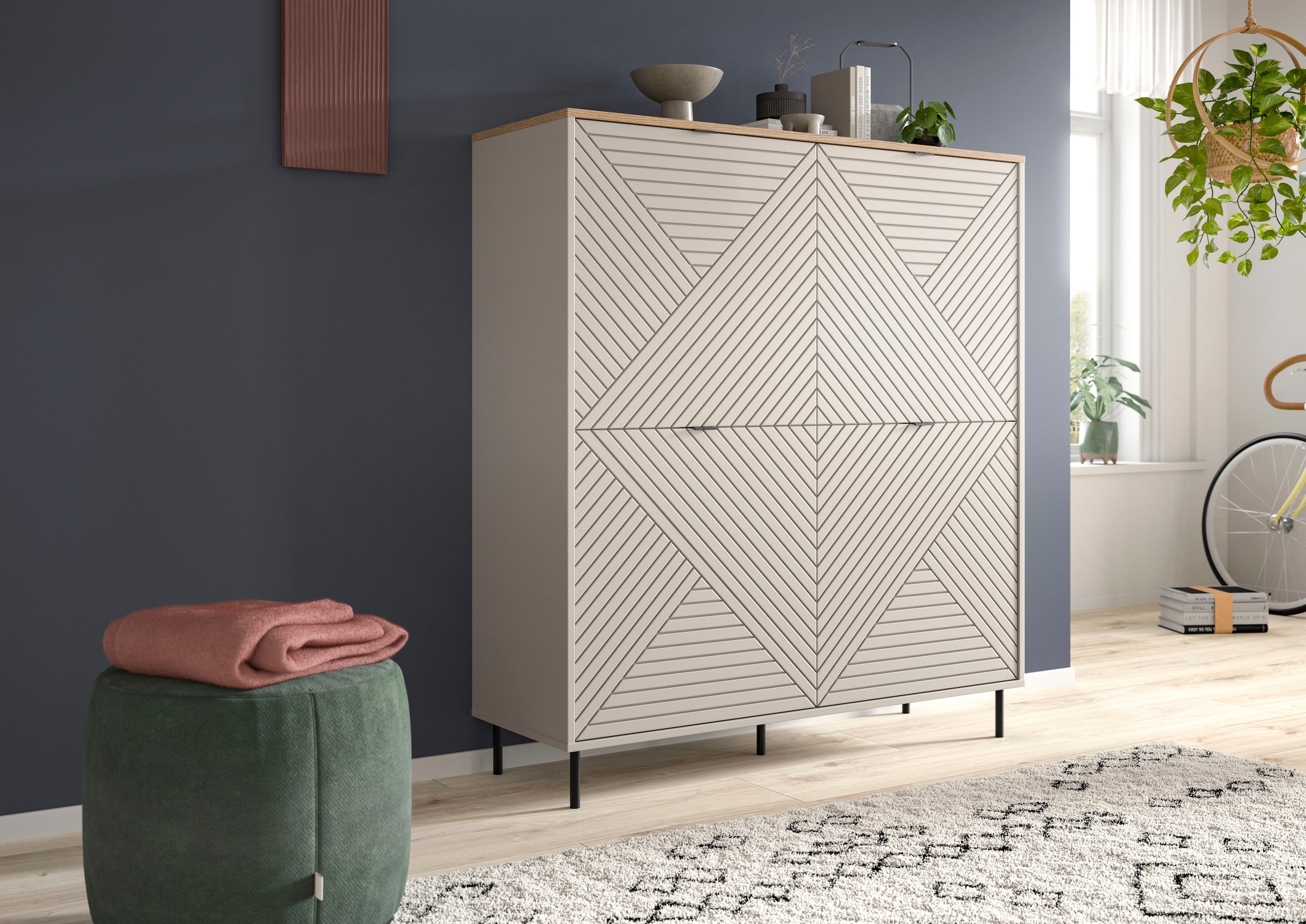 Home affaire Highboard »RAITA, Höhe 135 cm, Front mit Desgin-Fräsung, 4 Türen, viel Stauraum« moderne Farbkombi, individuell einsetzbar, Griffe & Füsse aus Metall,  Kommode, Anrichte, Schrank, Sideboard, Lowboard