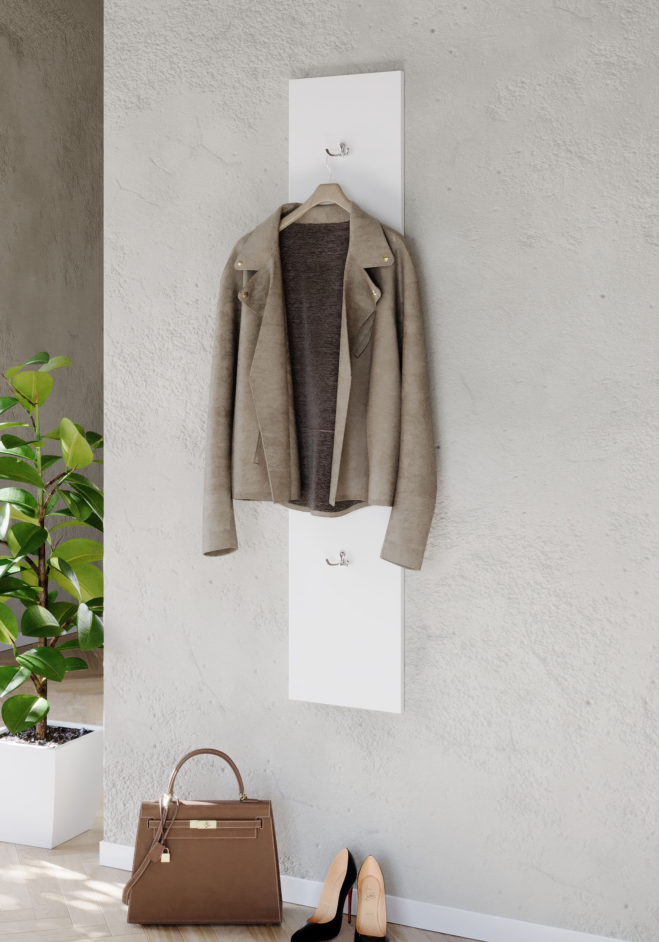 Image of GOODproduct Garderobenpaneel "Wandpaneel mit 2 Doppelhaken Breite 28 cm, Höhe 138 cm, Wandgarderobe" Weiss Hochglanz Lack passend zur Garderobe Smile + Hamburg, Metallhaken