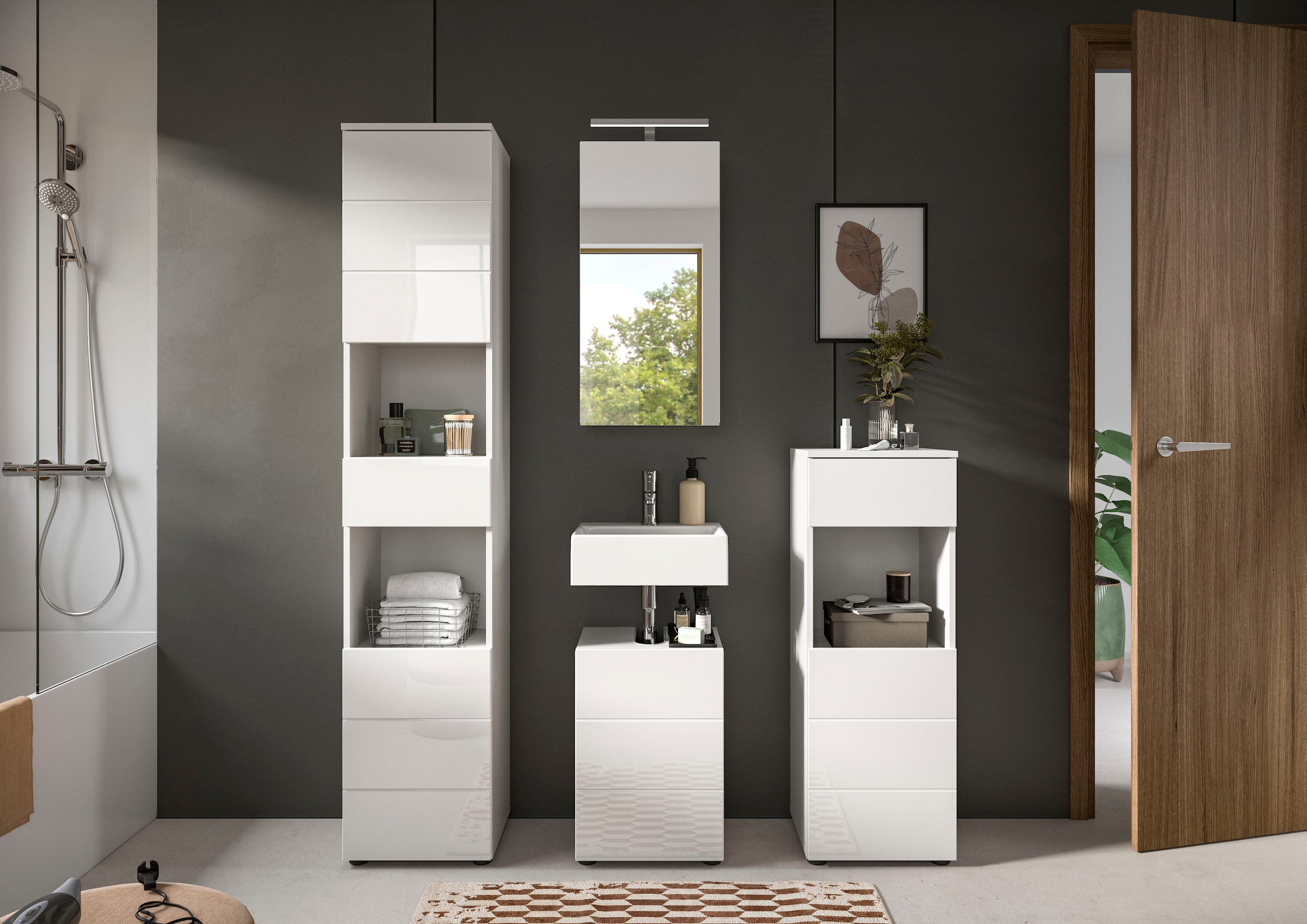 welltime Ensemble de meubles de salle de bain »Biel, Höhe 190 cm,Hochschrank,WBU, Spiegelschrank, Unterschrank, Lampe« 5 cuis tlg.