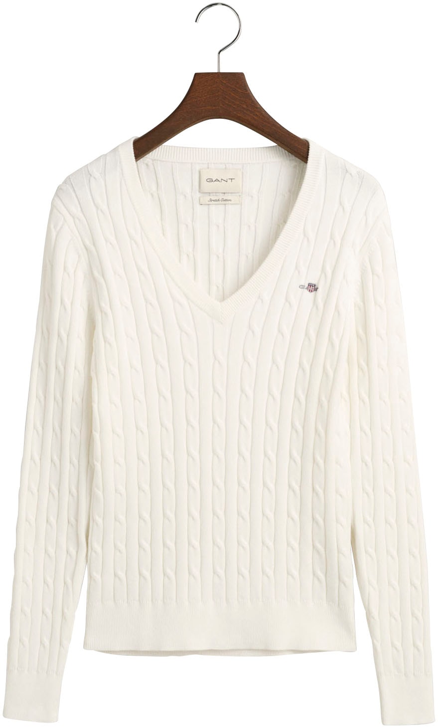 Gant Strickpullover »STRETCH COTTON CABLE V-NECK« mit Logostickerei auf der Brust