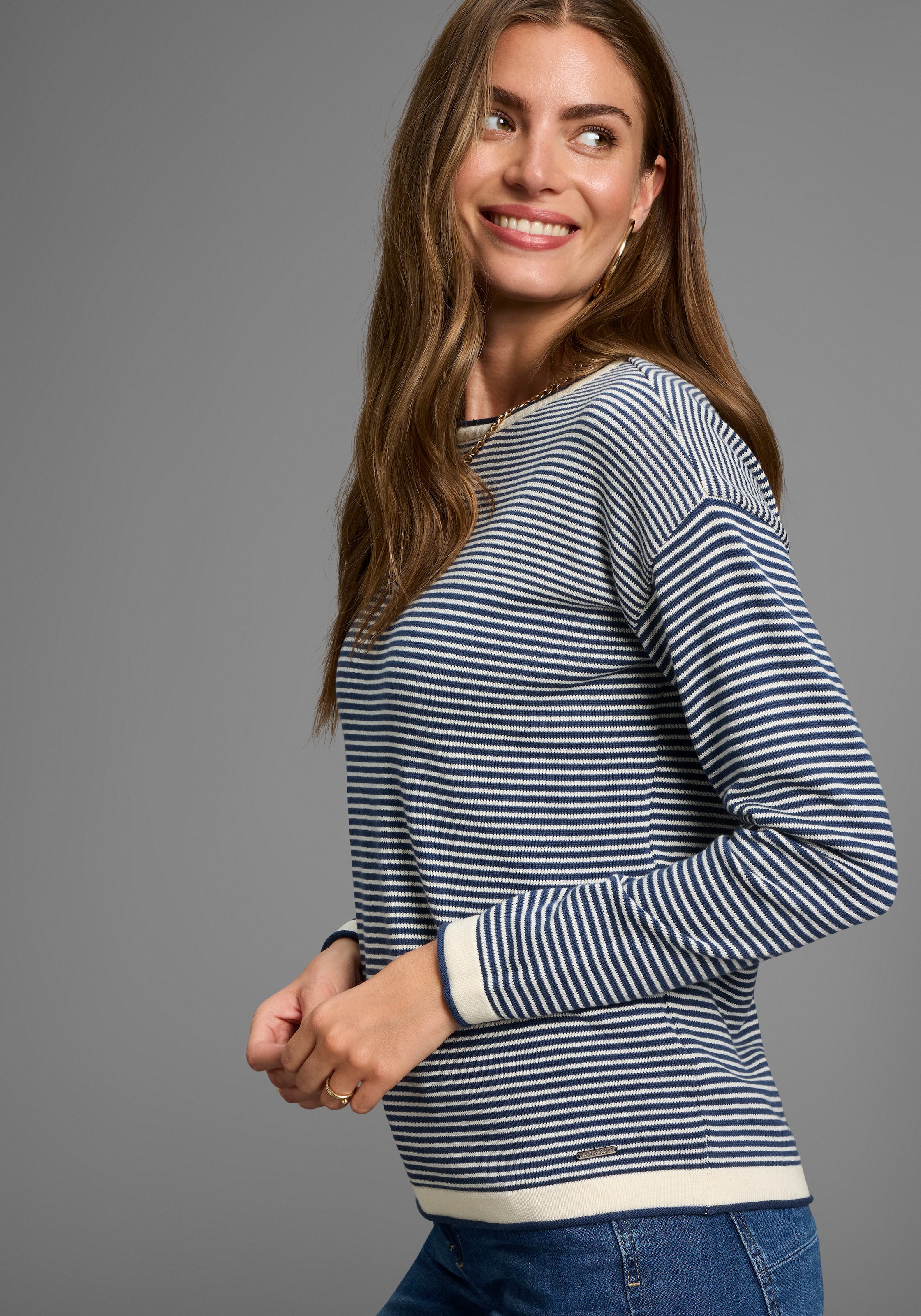 Image of Laura Scott Rundhalspullover Feinstrickpullover aus Strukturstrick mit Streifen
