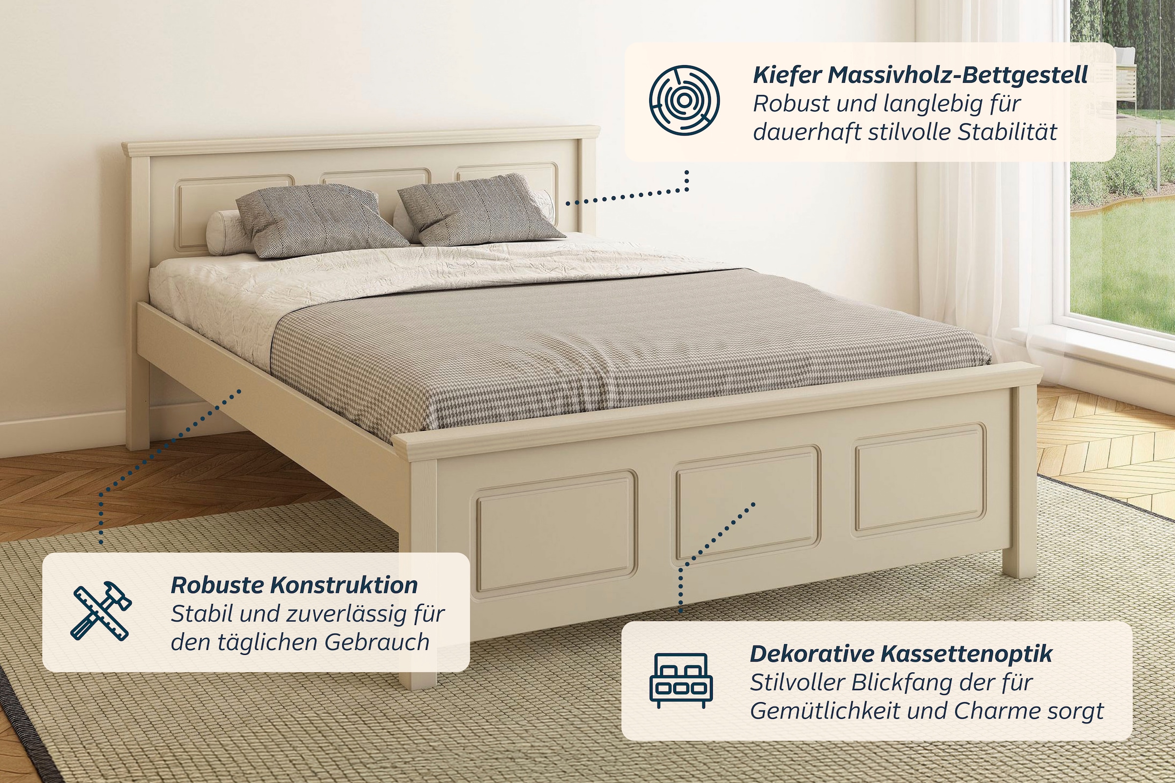 GOODproduct Massivholzbett »ERIKK' , Made in Europe, optional mit Schublade, Massivholz Kiefer« FSC® zertifiziert,  in mehreren Grössen, Landhausstil mit Kassettenoptik