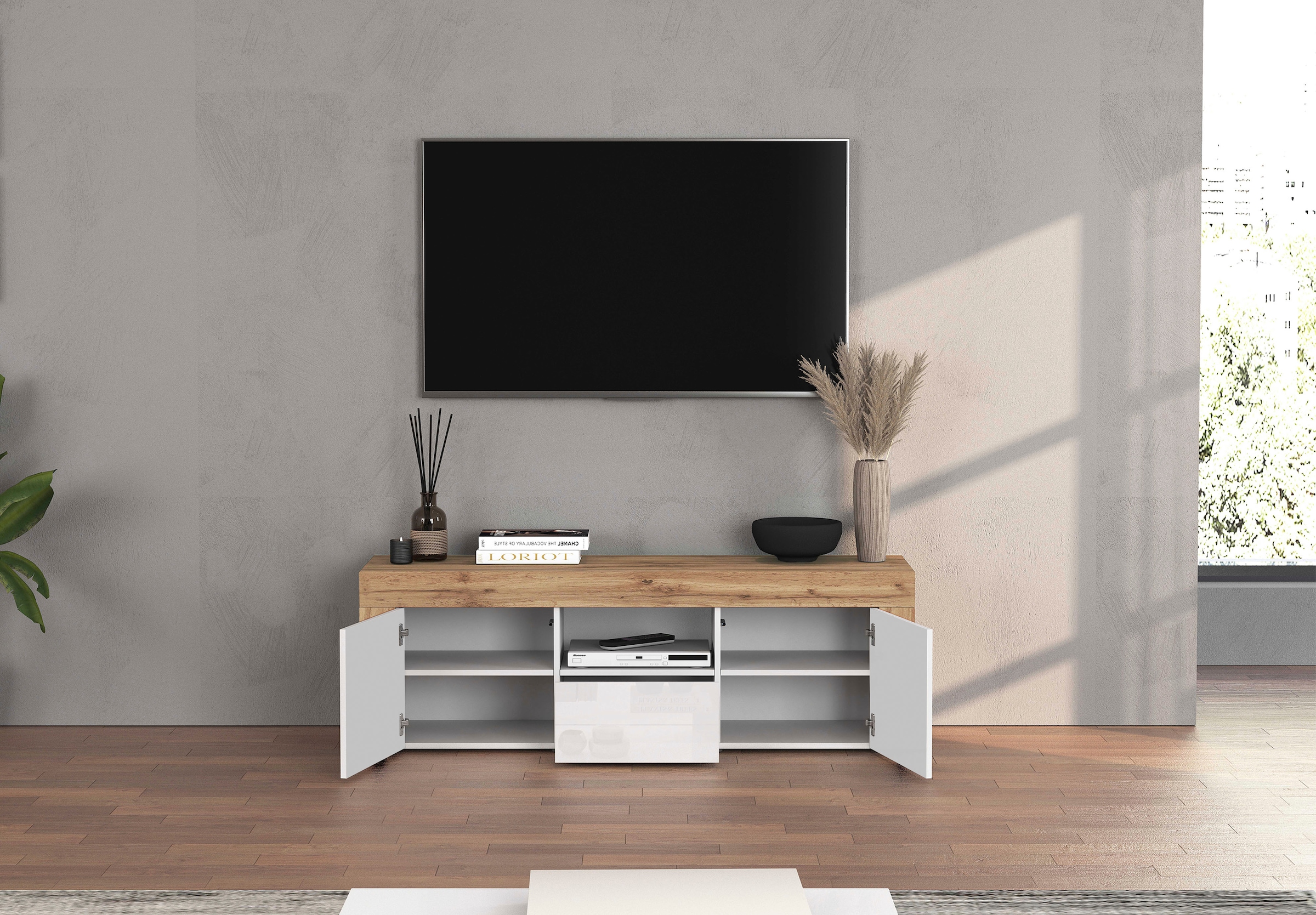 GOODproduct Lowboard »CHRONOS Breite 155 cm mit 2 Türen, 1 Schublade,1 offenes Fach« 1 Stk. tlg. TV-Board, Sideboard niedrig, Grifflos mit Push to Open 'Made in Italy'