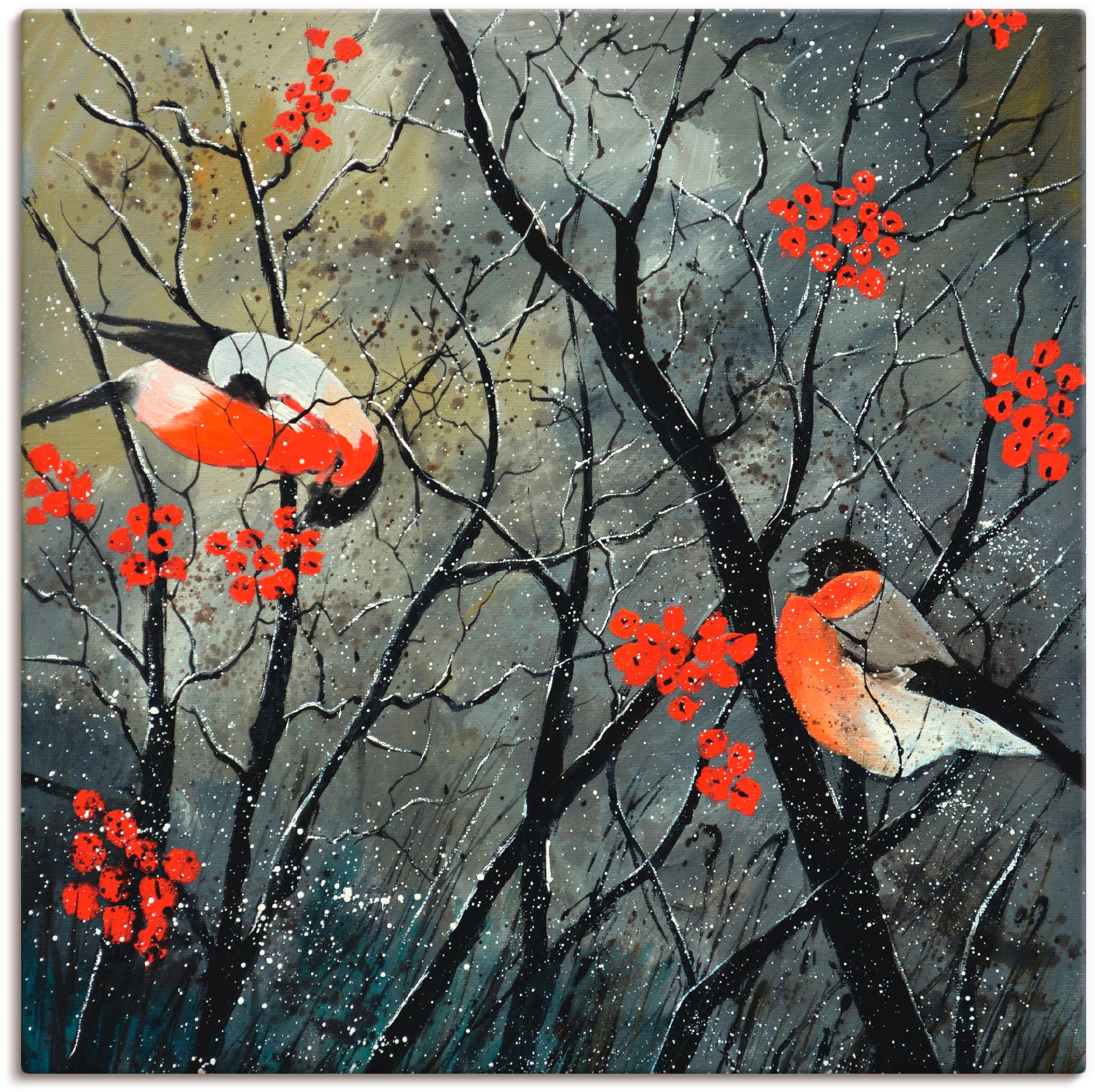 Image of Artland Leinwandbild "rote Vögel im Winter" Vögel 1 Stk. tlg. auf Holzrahmen gespannt
