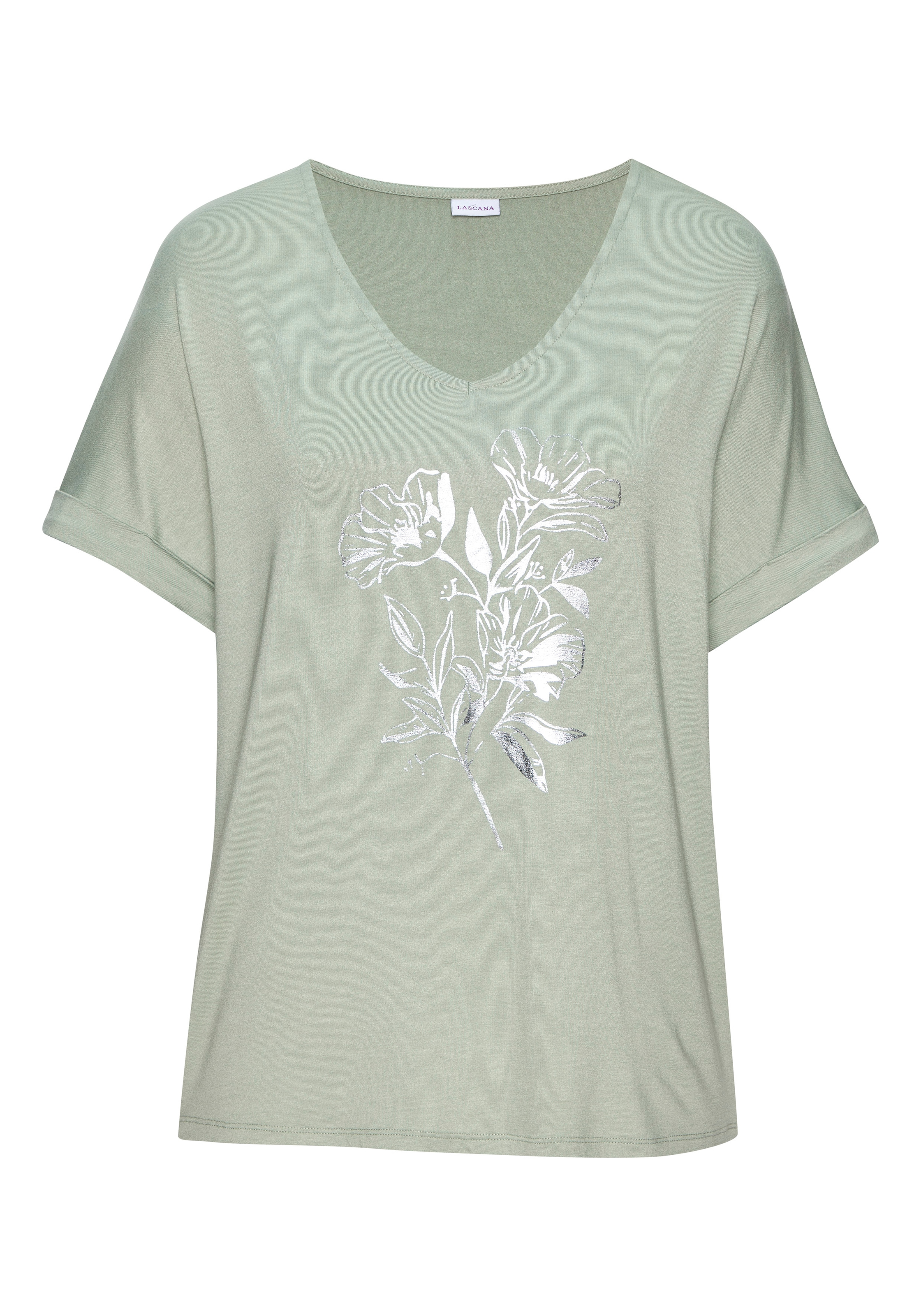 LASCANA T-shirt à manches courtes »mit schimmerndem Print« aus weichem Viskose-Stretch
