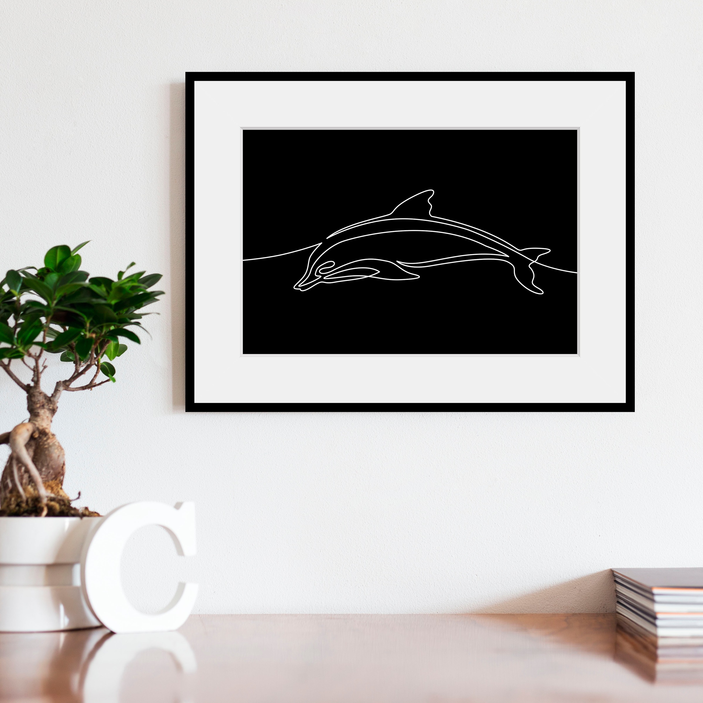 Image of queence Bild "Flipper" Defline Kunst Schwarz-Weiss Wassertiere 1 Stk. tlg. HD Premium Poster-Druck inkl. Holzrahmen