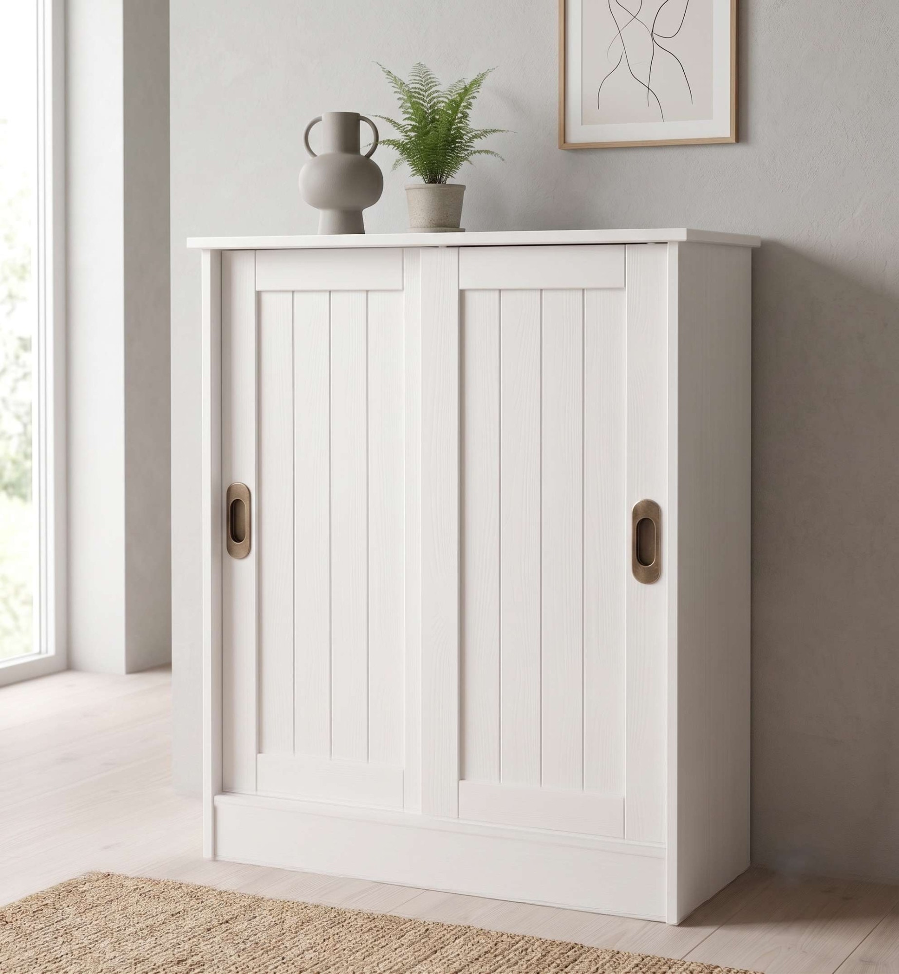 GOODproduct Armoire à chaussures »Malmö Schuhkommode mit Schiebetüren« L/P/H : 77/37/89 cm,  en pin massif certifié FSC®, largeur 77 cm