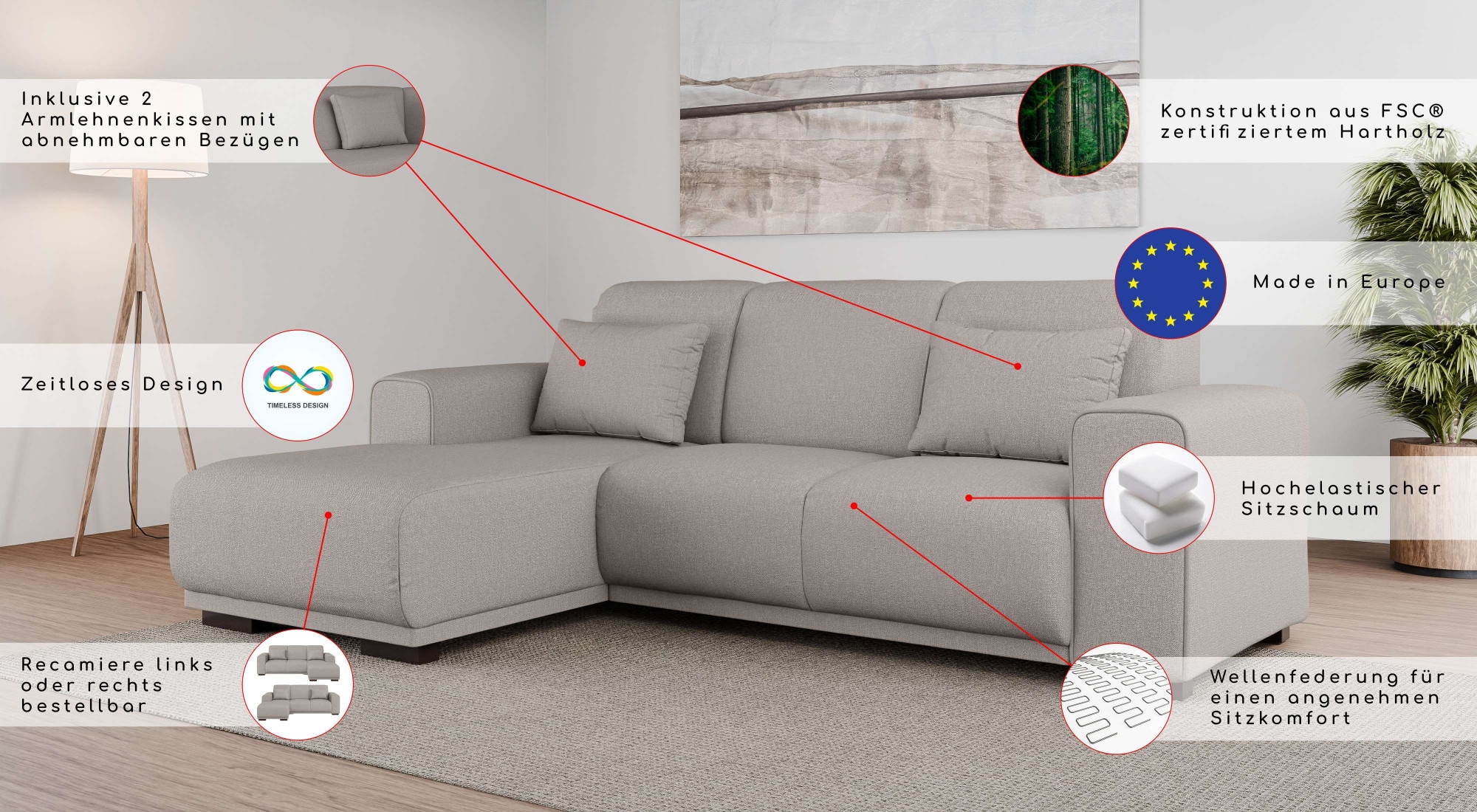 Home affaire Ecksofa »BORNHOLM L-Form mit Recamiere, Masse B/T/H: 234/162/85 cm«, Recamiere links oder rechts bestellbar, Wellenfederung, inkl. 2 Kissen