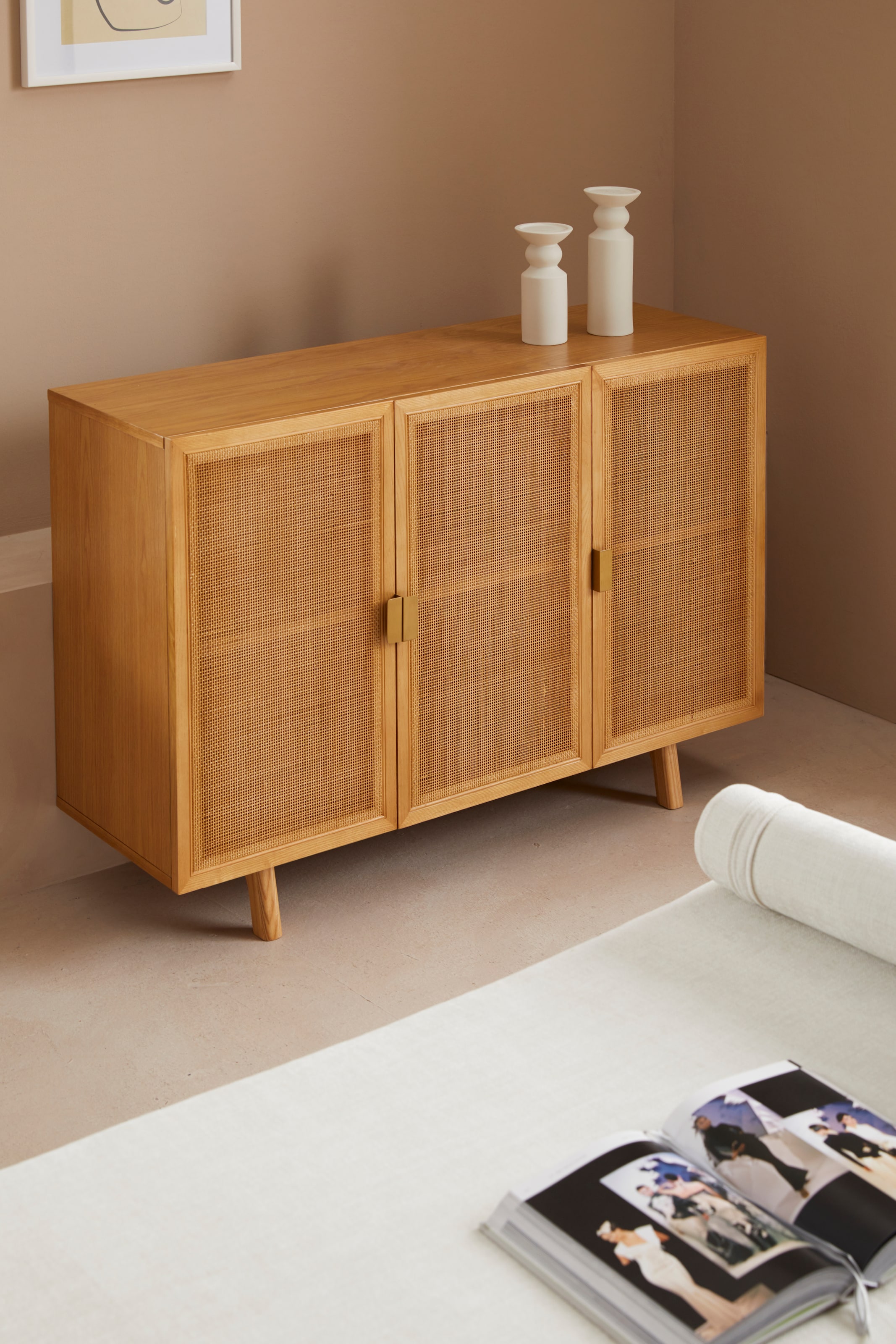 LeGer Home by Lena Gercke Kommode »Lina, TOPSELLER! Rattaneinsätze in den Fronten«, (Sideboard, Melinoberflächen), Mit Rattan Einsatz, 4 Innenfächer, teilmassiv