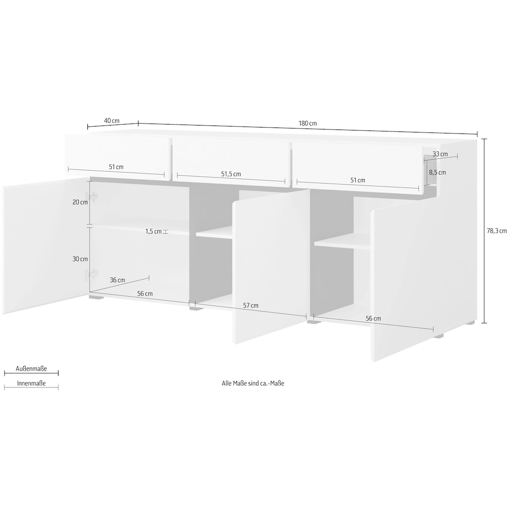 INOSIGN Sideboard »Cross,Breite 180 cm, moderne grifflose Kommode,3 Türen/3 Schubkästen«, Schubladenschrank mit viel Stauraum, Einlegeböden verstellbar