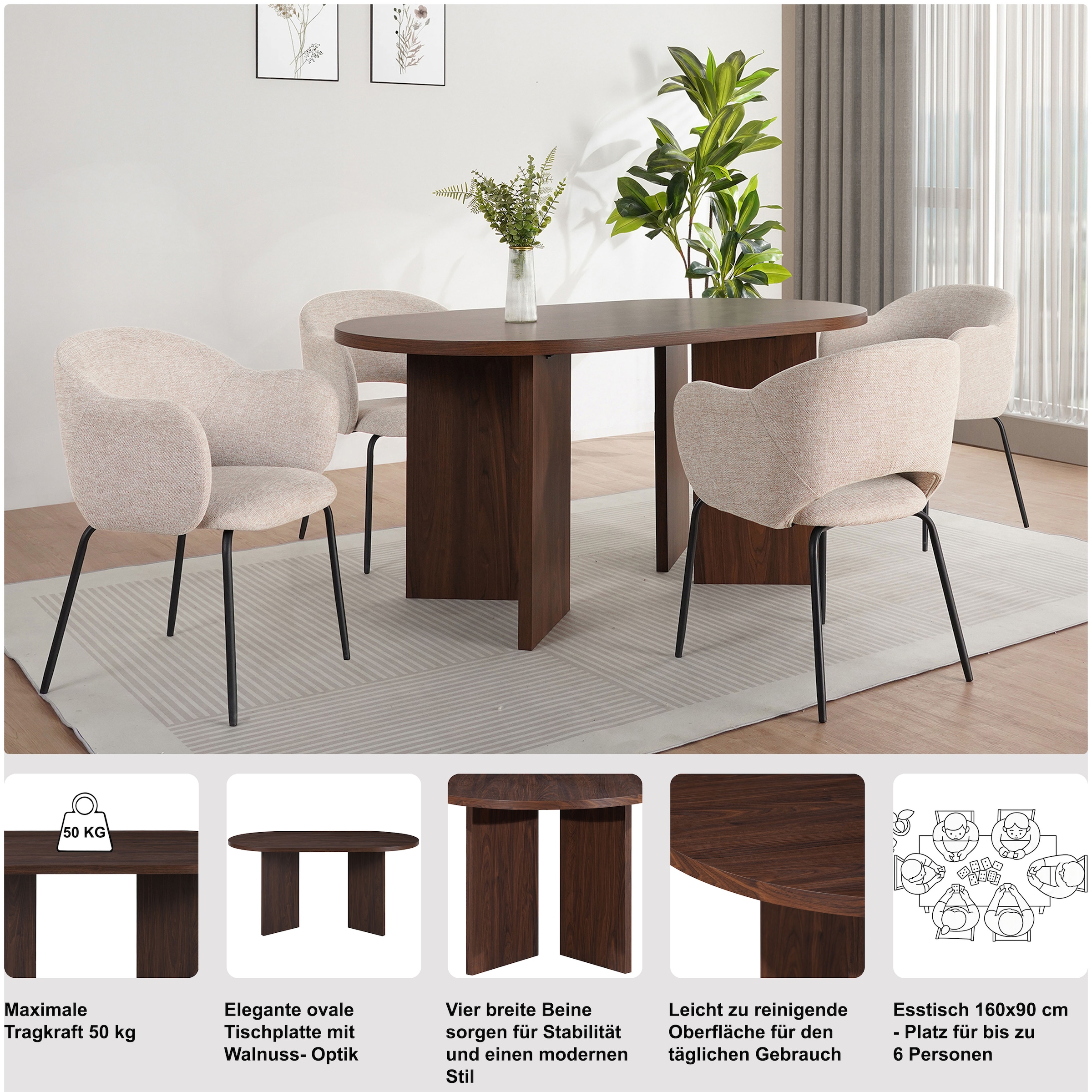 GOODproduct Table de salle à manger »Callii« ovale, plateau de table fixe en élégante imitation bois, différentes tailles