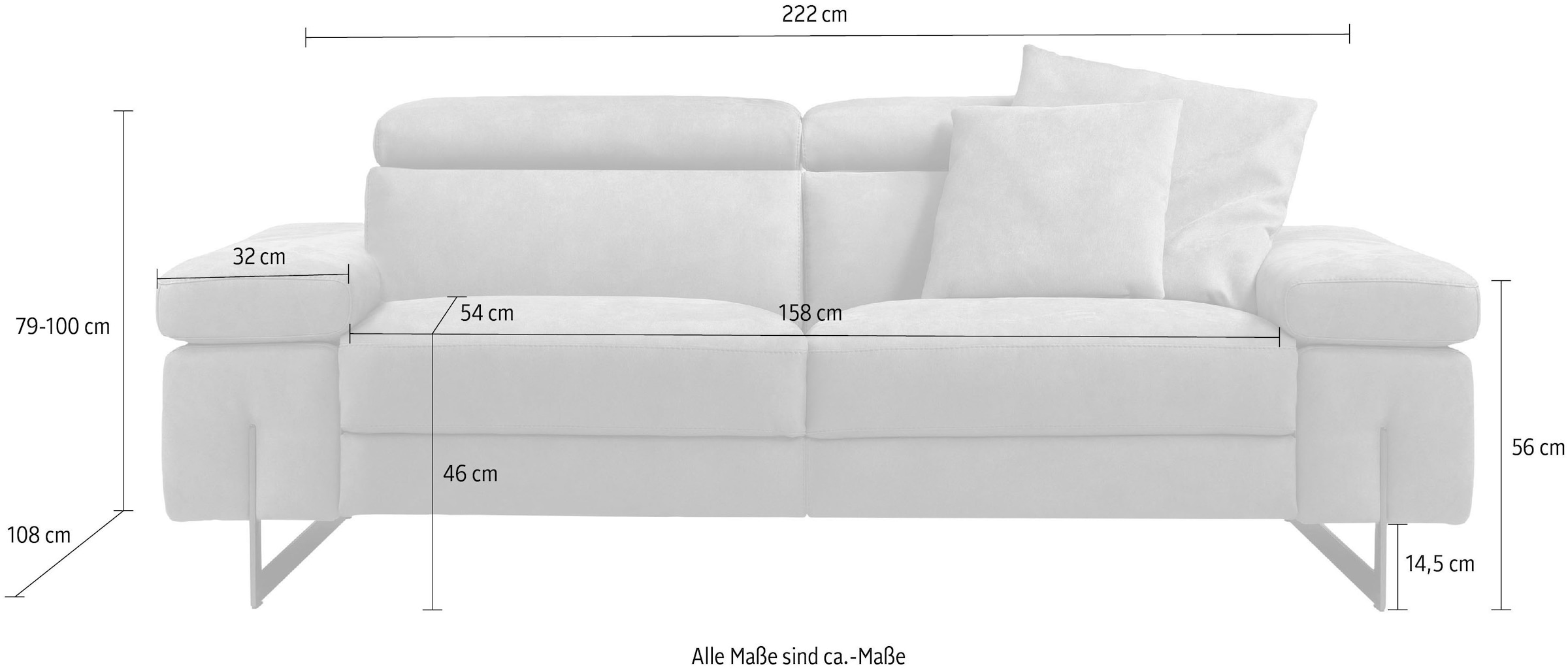 Egoitaliano 2,5-places »Candice, elegant und edel, hochwertiges Designsofa, bequem« Kopfteile manuell verstellbar, titanumfarbene Kufenfüsse