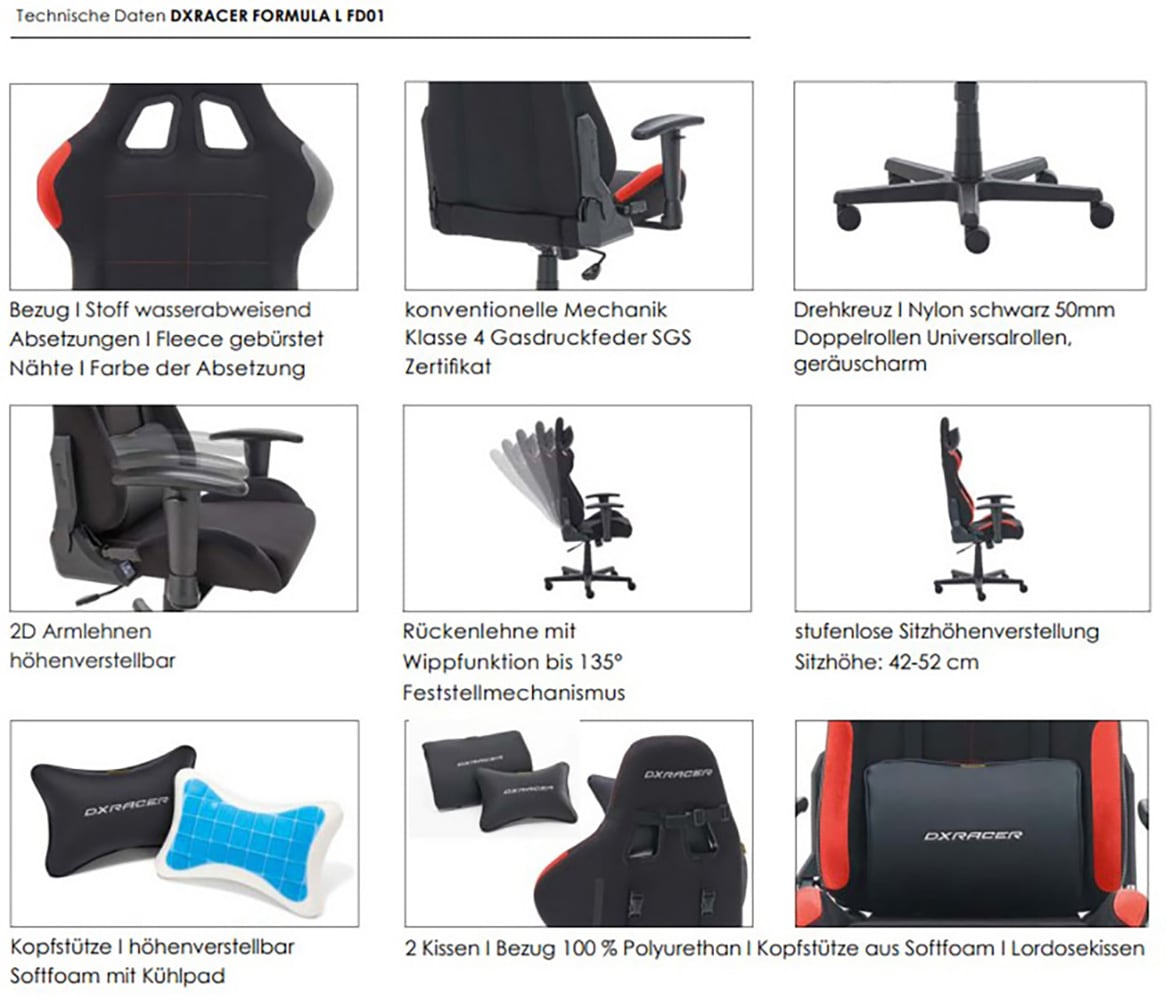 MCA furniture Chaise de jeu »DX Racer Formula Gamingchair« (Set) 1 cuisGaming,Racing,Design,Lordose,Kissen,Armlehne,drehbar,verstellbar