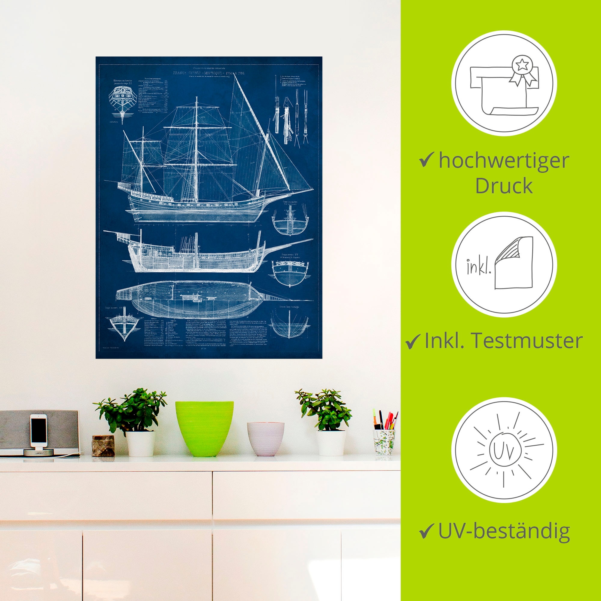 Artland Wandbild »Entwurf für ein Antikes Schiff I«, Boote & Schiffe, (1 St.), als Alubild, Outdoorbild, Wandaufkleber in verschied. Grössen