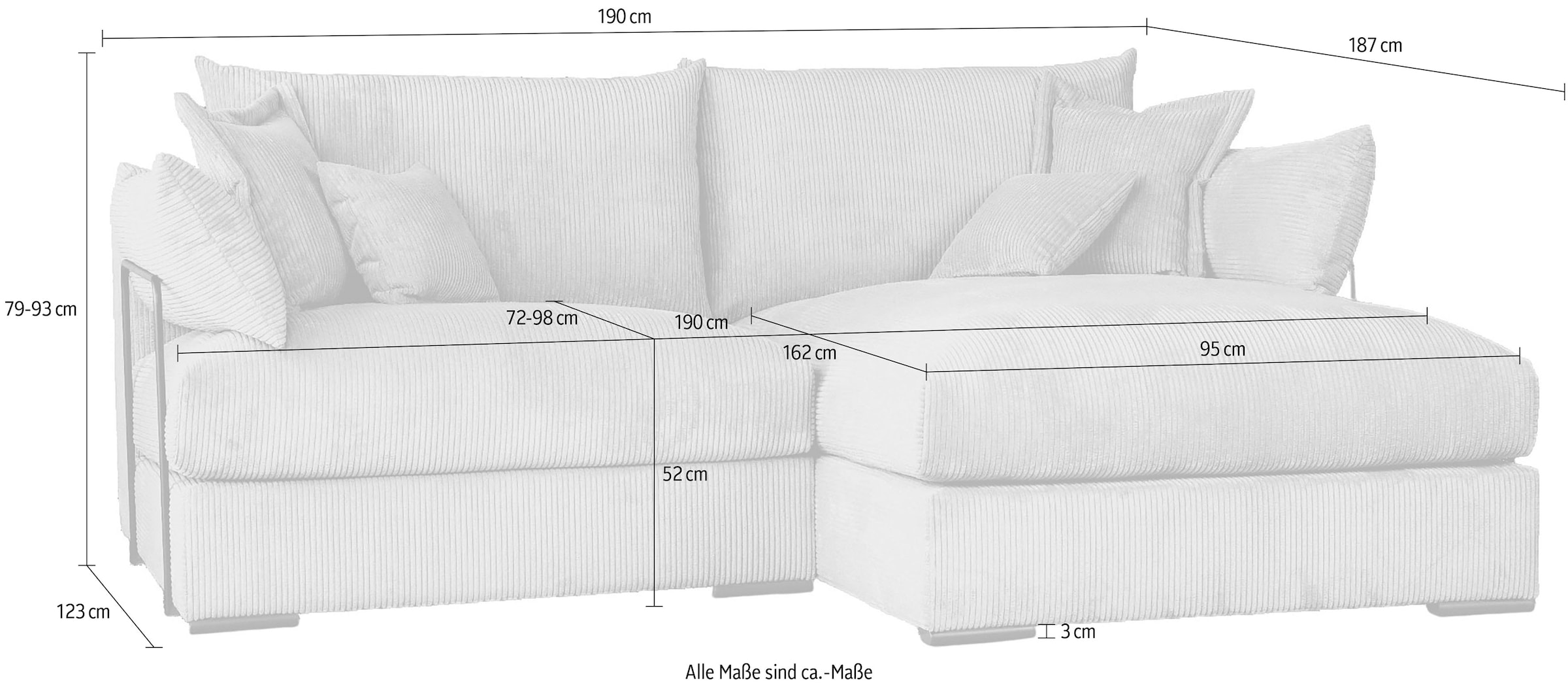 Home affaire Ecksofa »Casa XL L-Form, Breite 190 cm« Mega-Sofa, Cord oder Chenille-Struktur wählbar, mit Federkern!