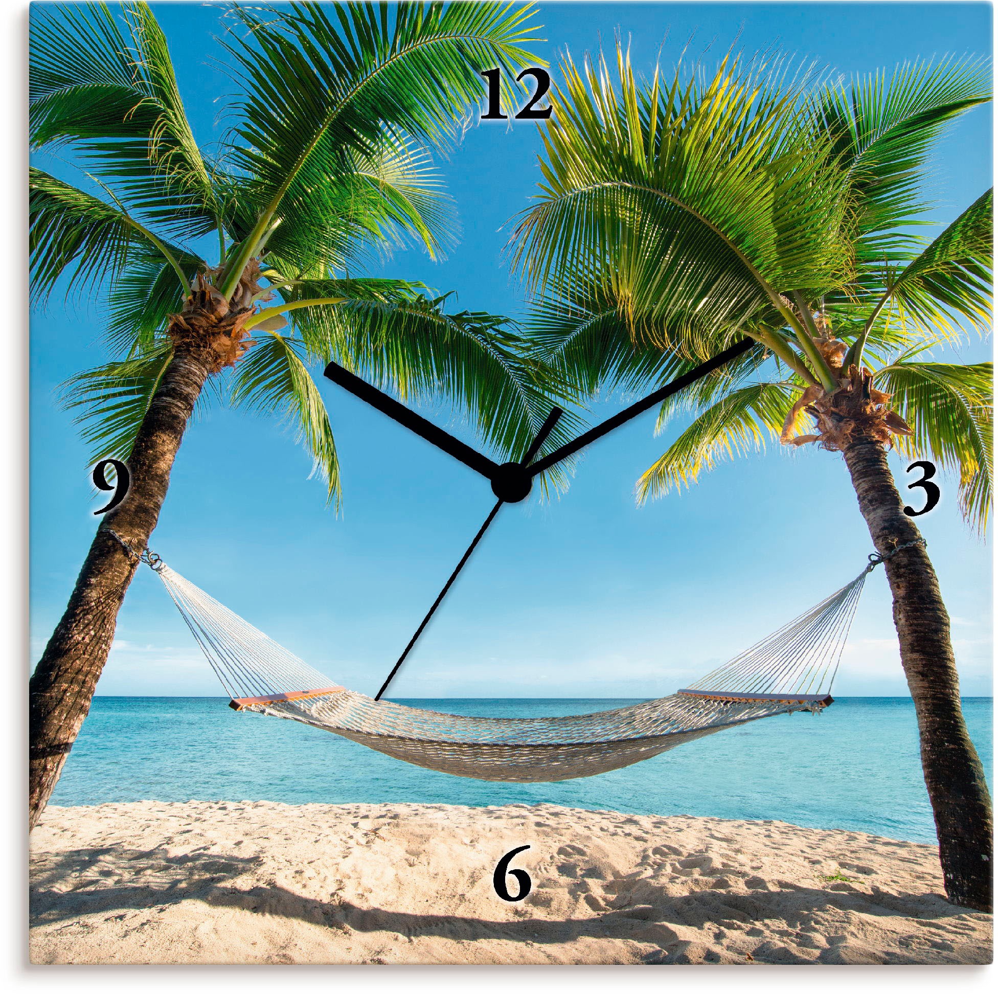 Image of Artland Wanduhr »Palmenstrand Karibik mit Hängematte«, lautlos, ohne Tickgeräusche, nicht tickend, geräuschlos - wählbar: Funkuhr o. Quarzuhr, moderne Uhr für Wohnzimmer, Küche etc. - Stil: modern bei Ackermann Versand Schweiz