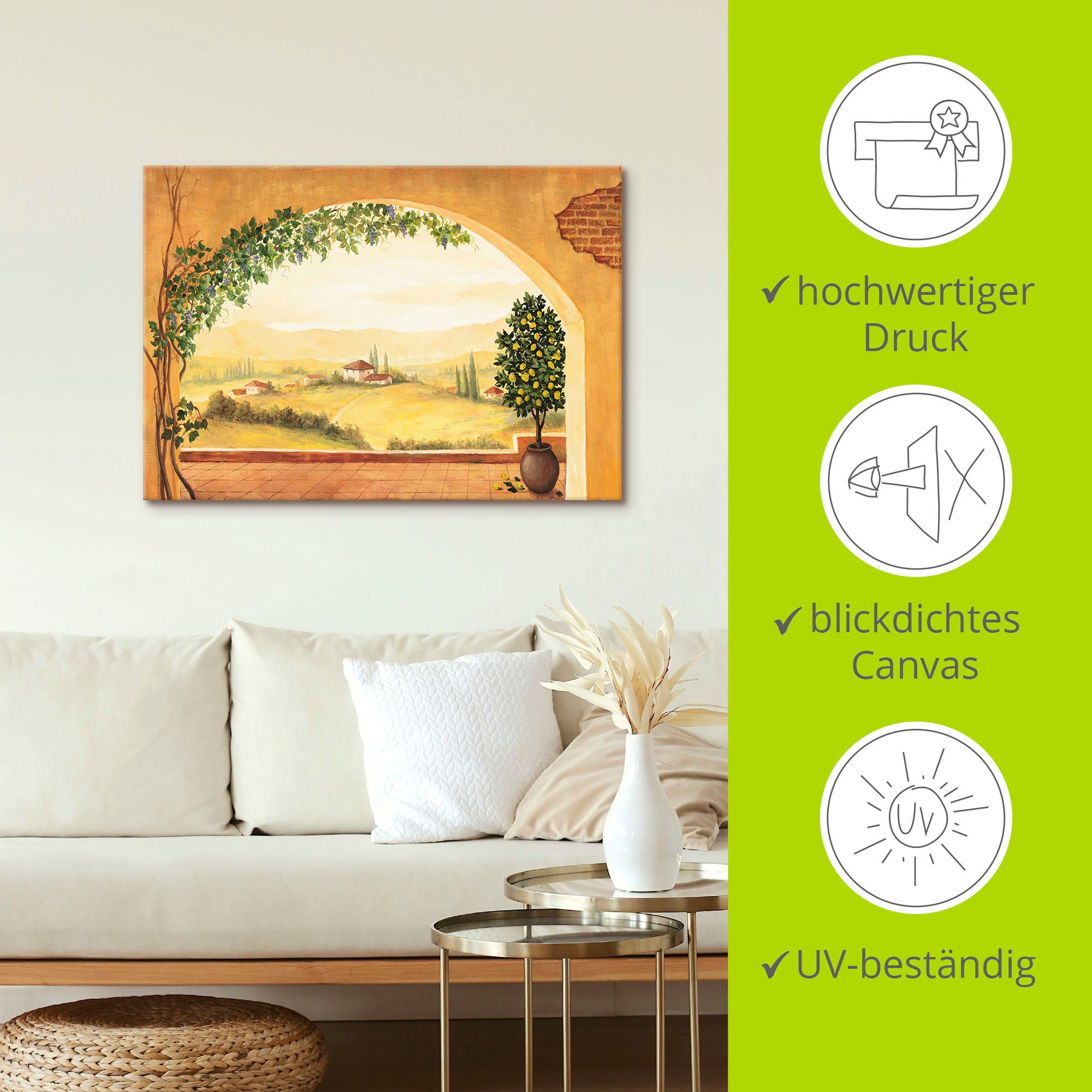 Artland Leinwandbild »Weinranken vor der Toskanalandschaft« Fensterblick 1 Stk. tlg. auf Holzrahmen gespannt