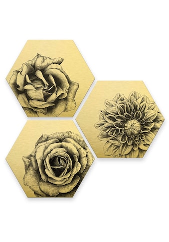 Wall-Art Mehrteilige Bilder »Florales Blumen Set Goldfarbeneffekt«, (Set, 3 St.) kaufen