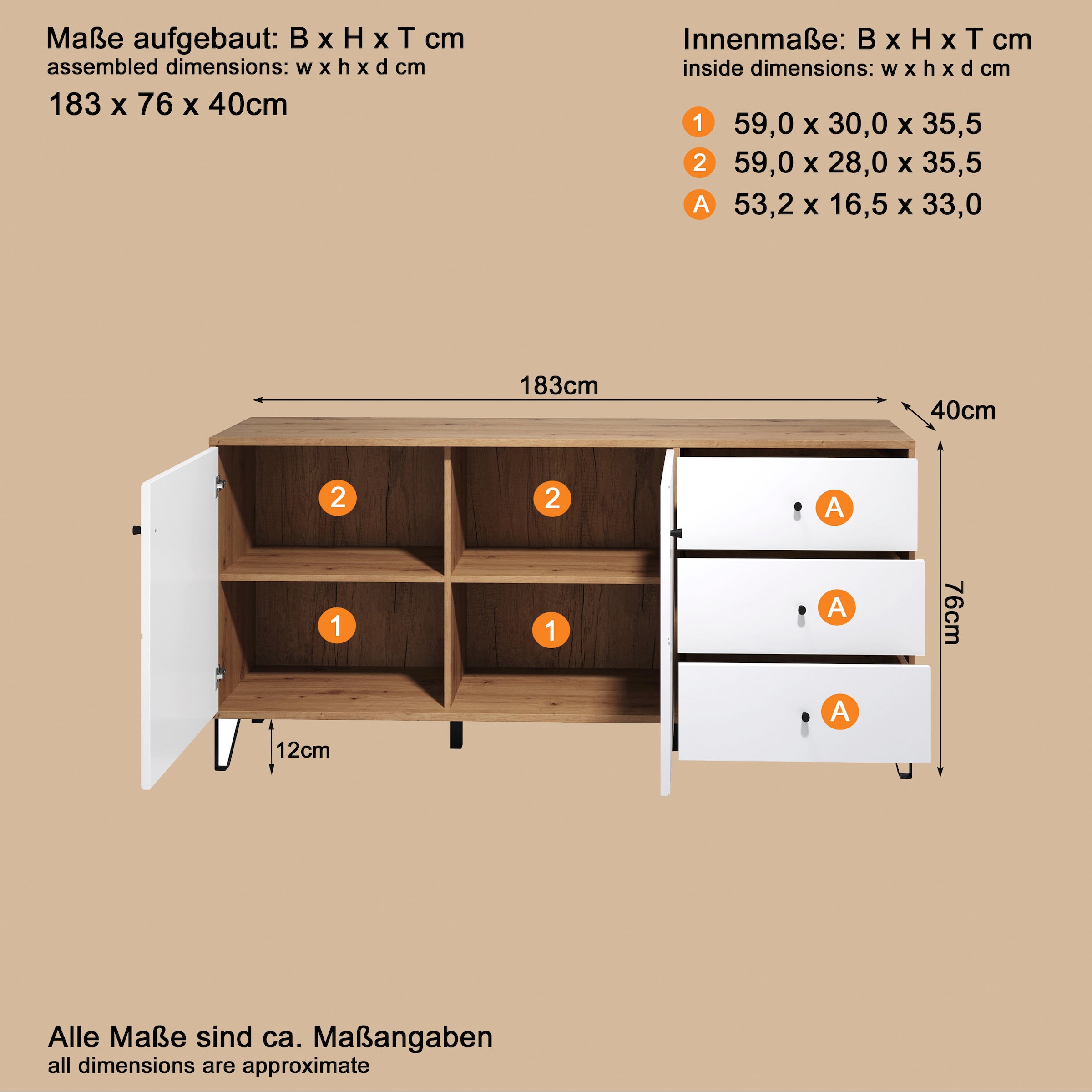 Home affaire Sideboard »Tarragona« Sideboard, 2 Türen, 3 Schubkasten & Soft-Close - (B/T/H) 183/40/76 cm