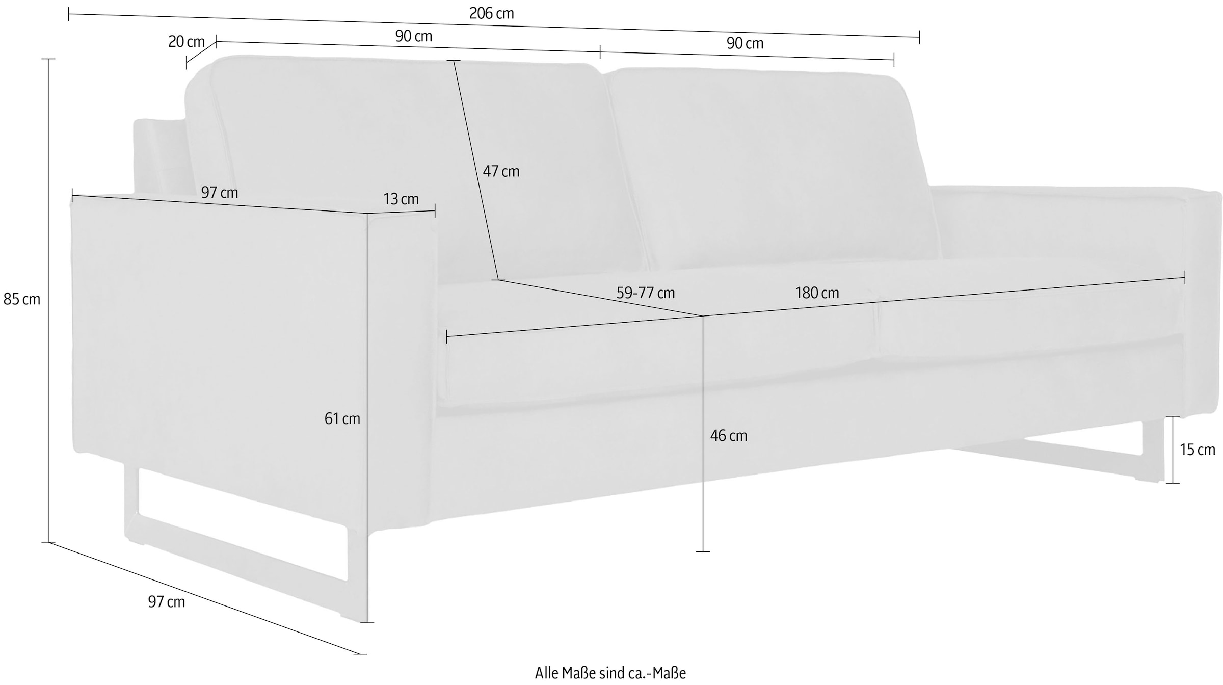 GOODproduct 3-places »Pinto, 206 cm, Cord, Chenille, Lederoptik« avec jonc, pieds métalliques noirs, suspension à ressorts ondulés