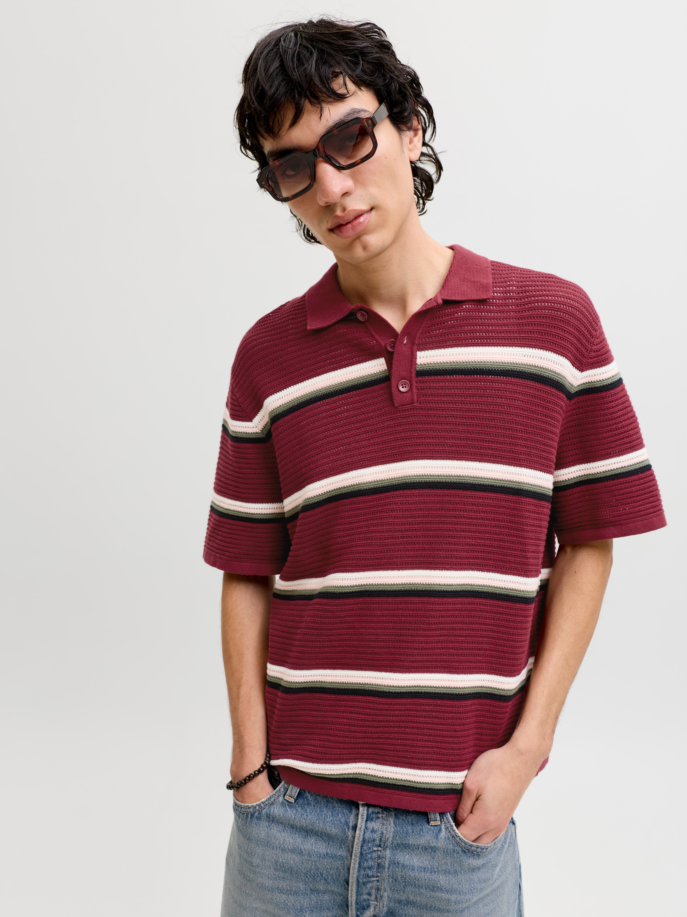 Image of Jack & Jones Polokragenpullover "JORMAINE KNIT STRIPE POLO SN" Baumwolle, relaxed fit