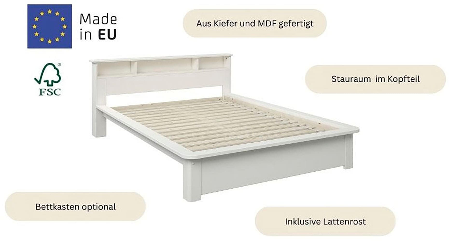 Home affaire Massivholzbett »"KERO" BESTSELLER! Stauraum im Kopfteil«, zertifiziertes Massivholz (Kiefer), optional mit Schublade