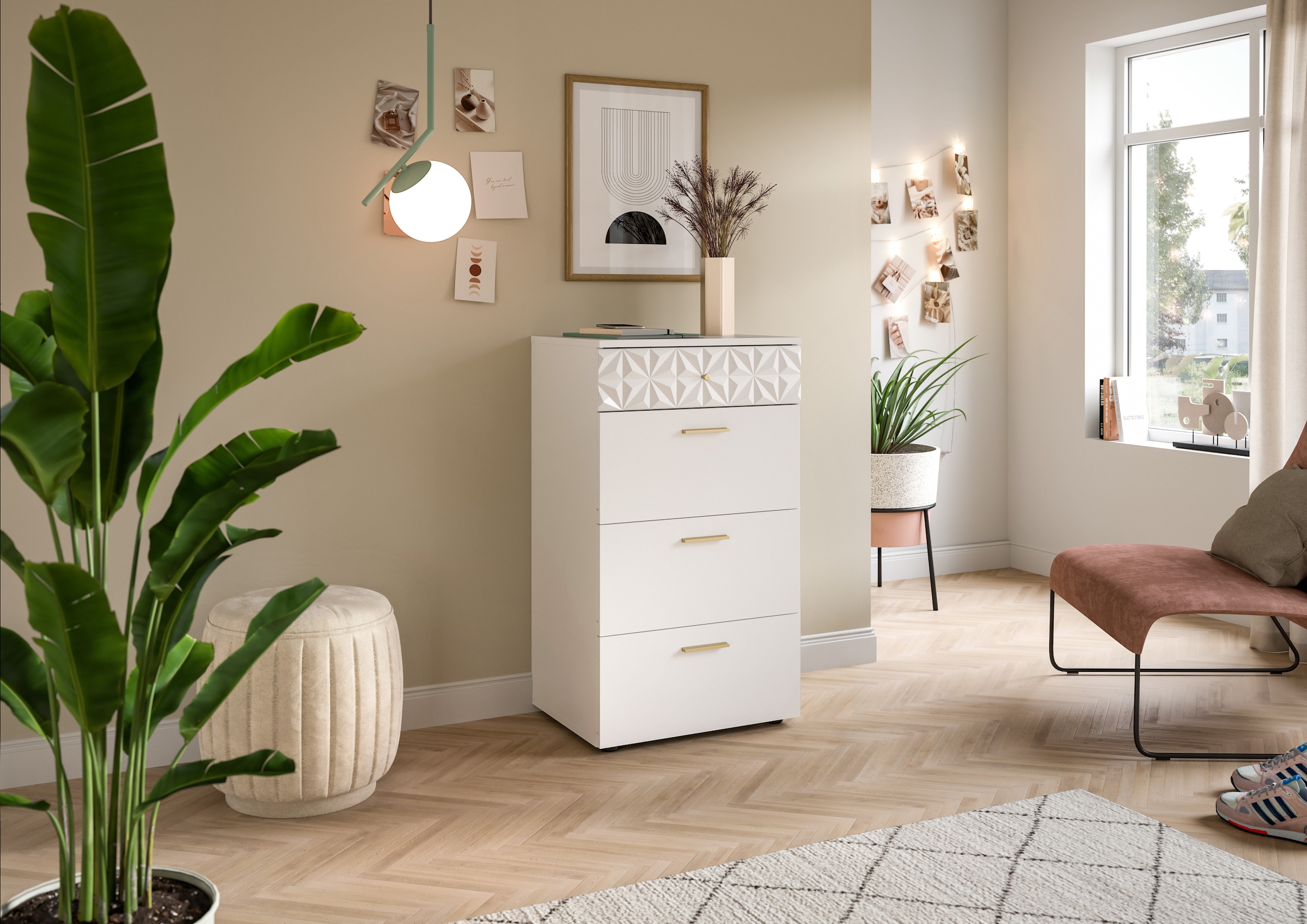 INOSIGN Kommode »Schubladenkommode mit 4 Schubkästen & Ornamentabsetzung«, Flur, Diele, Flurschrank, Schrank, Mehrzweckschrank, Schubladenschrank