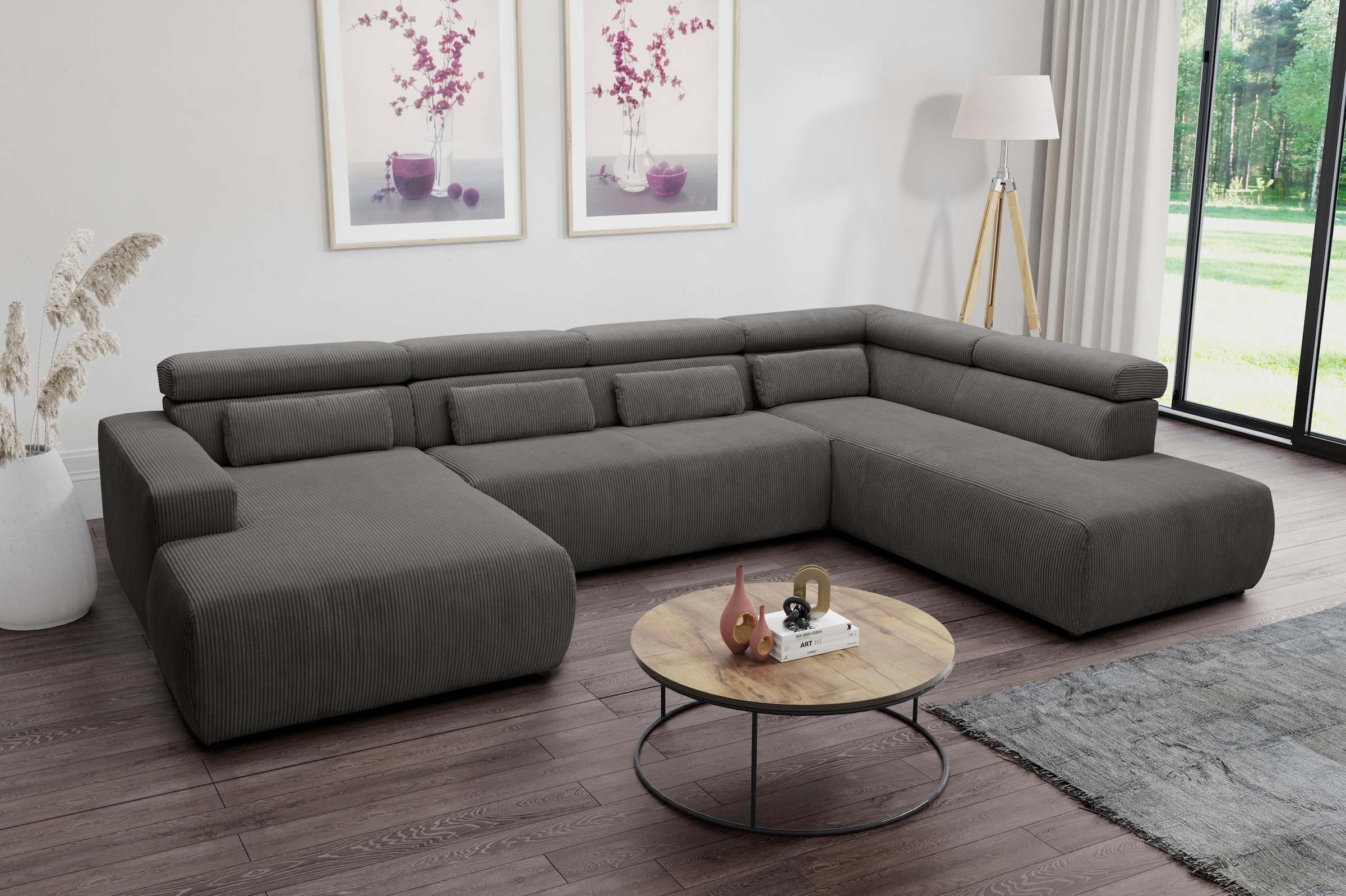 Image of DOMO collection Wohnlandschaft "BRANDON whlw. mit Sitztiefenverstellung, whlw. Nierenkissen" ohne Sitztiefenverstellung, Cord, grau