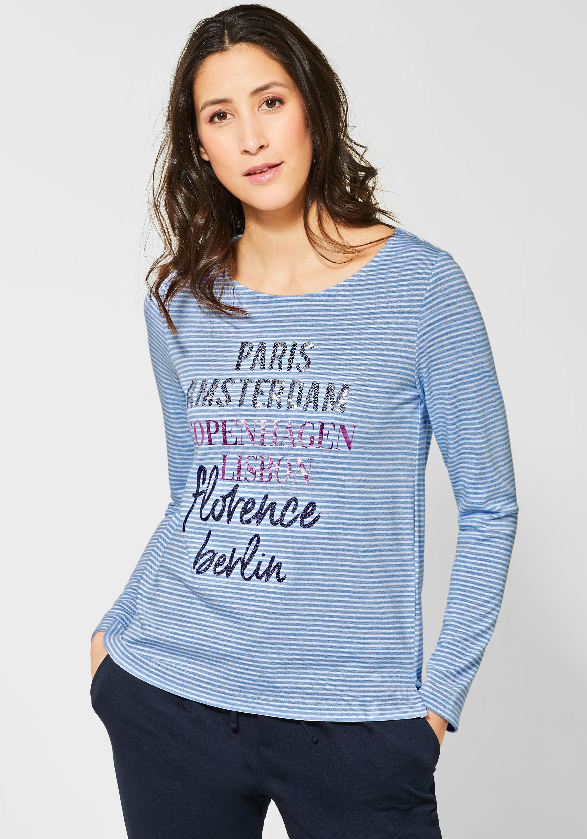 Image of STREET ONE Rundhalsshirt »Henrike«, Streifenshirt mit Drucken und Pailletten bei Ackermann Versand Schweiz