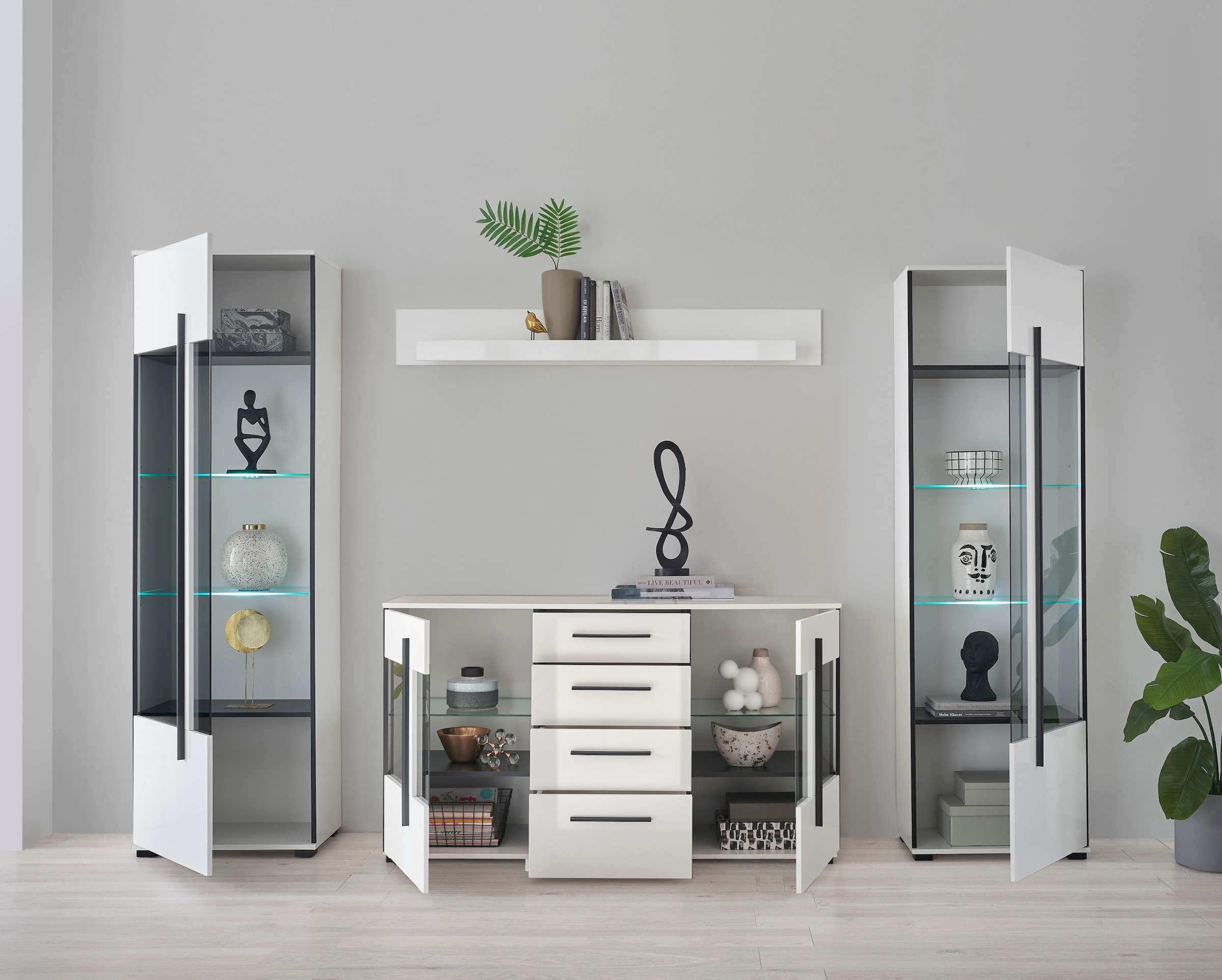 INOSIGN Wohnwand »Cantara, moderne Anbauwand, Wohnzimmer-Set, in Eiche Evoke oder Weiss«, (Set), enthält zwei Vitrinen, ein Sideboard und ein Wandboard