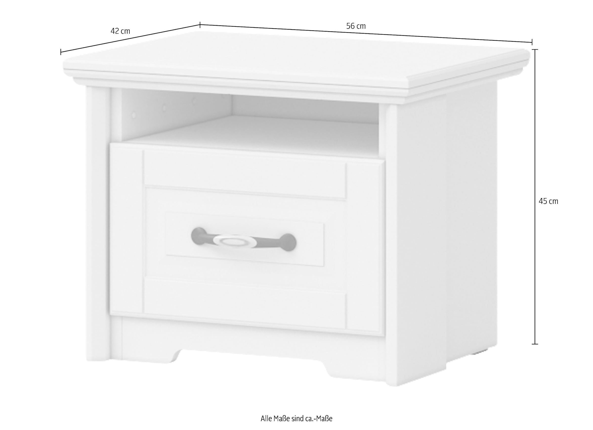 GOODproduct Nachtkommode »Evergreen, Masse: B/T/H 56/42/45cm, Soft-Close-Funktion« 1 offenes Fach und 1 Schublade mit dekoriertem Metallgriff,  im klassischen Landhausstil,FSC-zertifiziert,hochwertige UV Lackierung