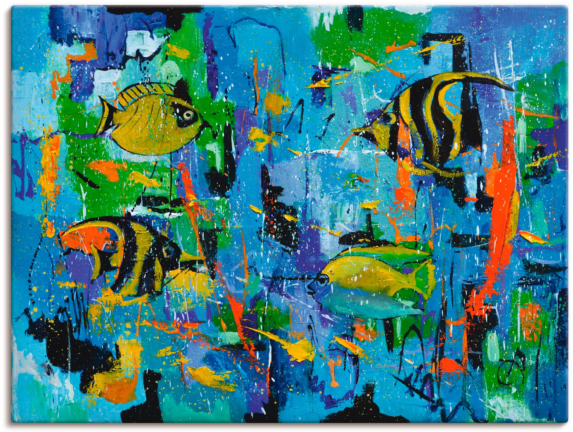 Image of Artland Leinwandbild "Abstrakt Fische Blau" Wassertiere 1 Stk. tlg. auf Holzrahmen gespannt