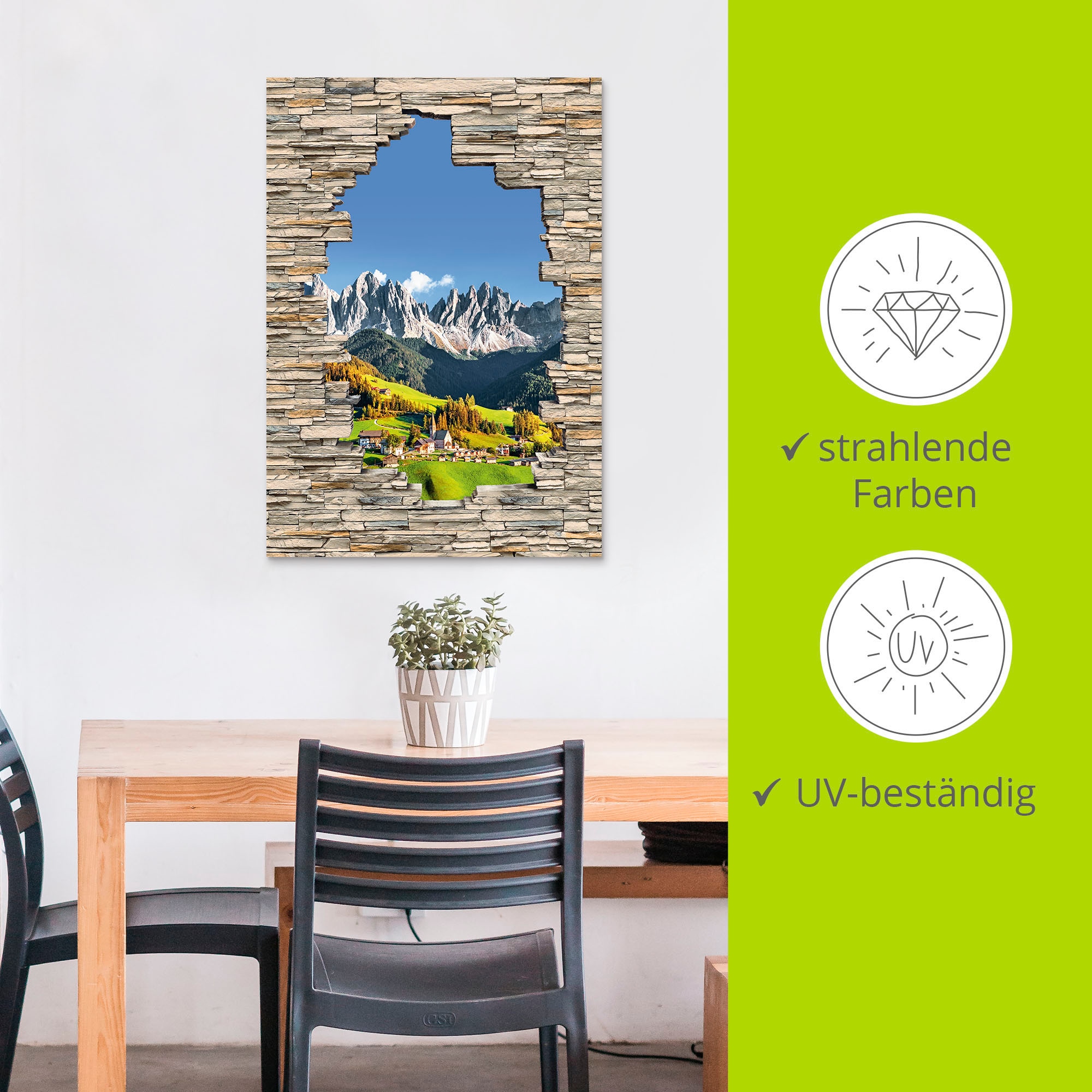 Artland Wandbild »Alpen Berge Santa Maddalena Stein Mauer«, Berge & Alpenbilder, (1 St.), als Alubild, Outdoorbild, Wandaufkleber in verschied. Grössen