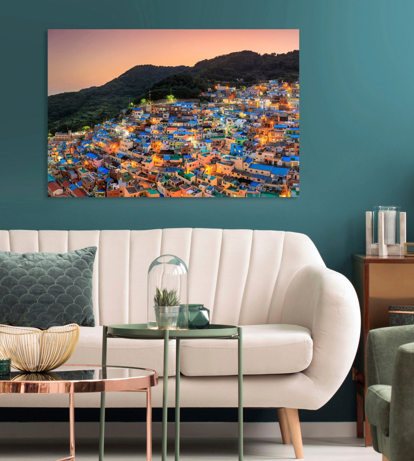 queence Acrylglasbild »Stadt«, Skyline-Gebäude-Städte-Bäume, Fine Art-Print in Galeriequalität