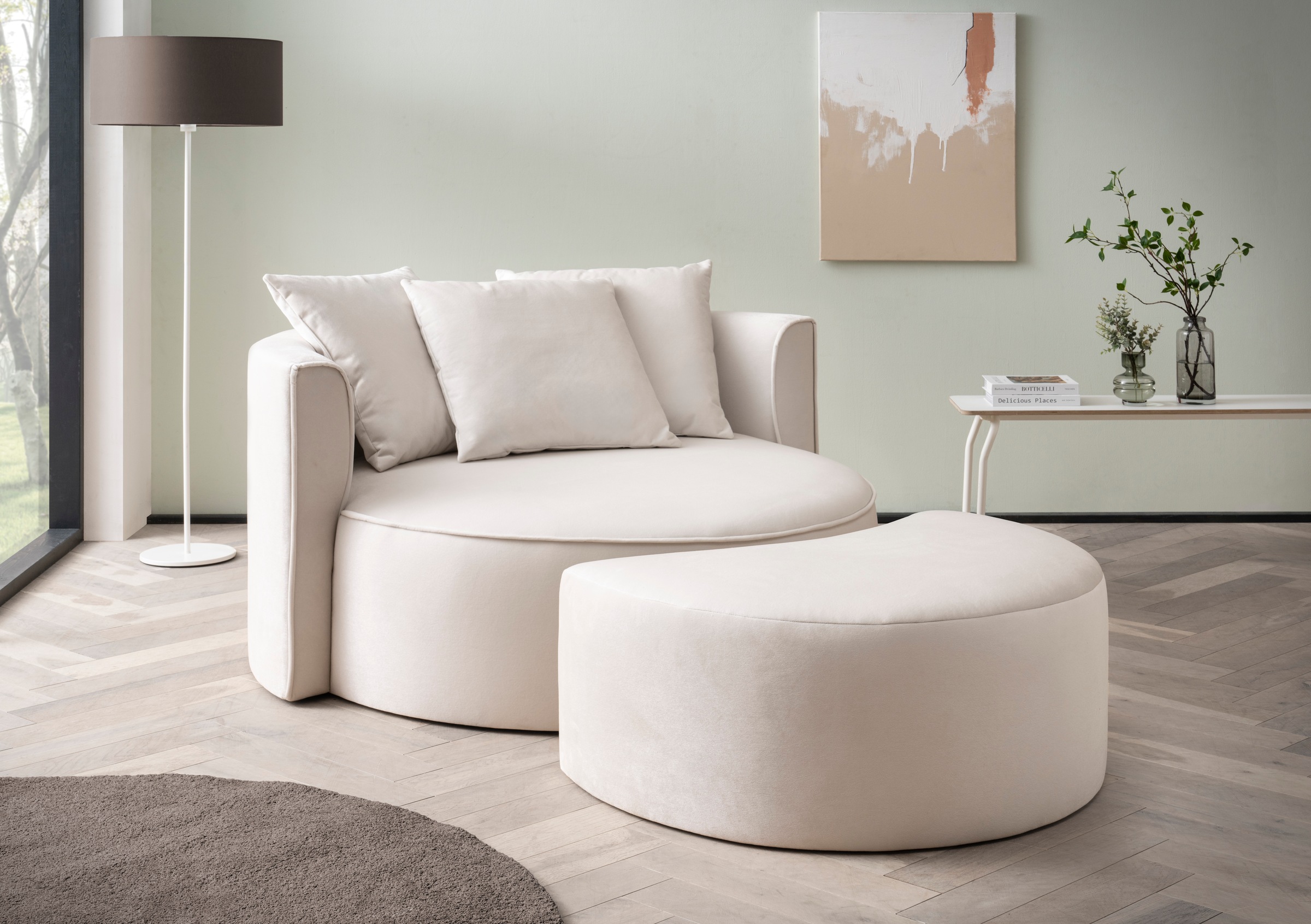 LeGer Home by Lena Gercke XXL-Sessel »ISALIE, Rundsessel mit Hocker, Lesesessel, Loveseat, Big-Sessel«, (Set), trendige Stoffe, 3 Zierkissen, grosse Sitzfläche, Cord, Samt, Bouclé