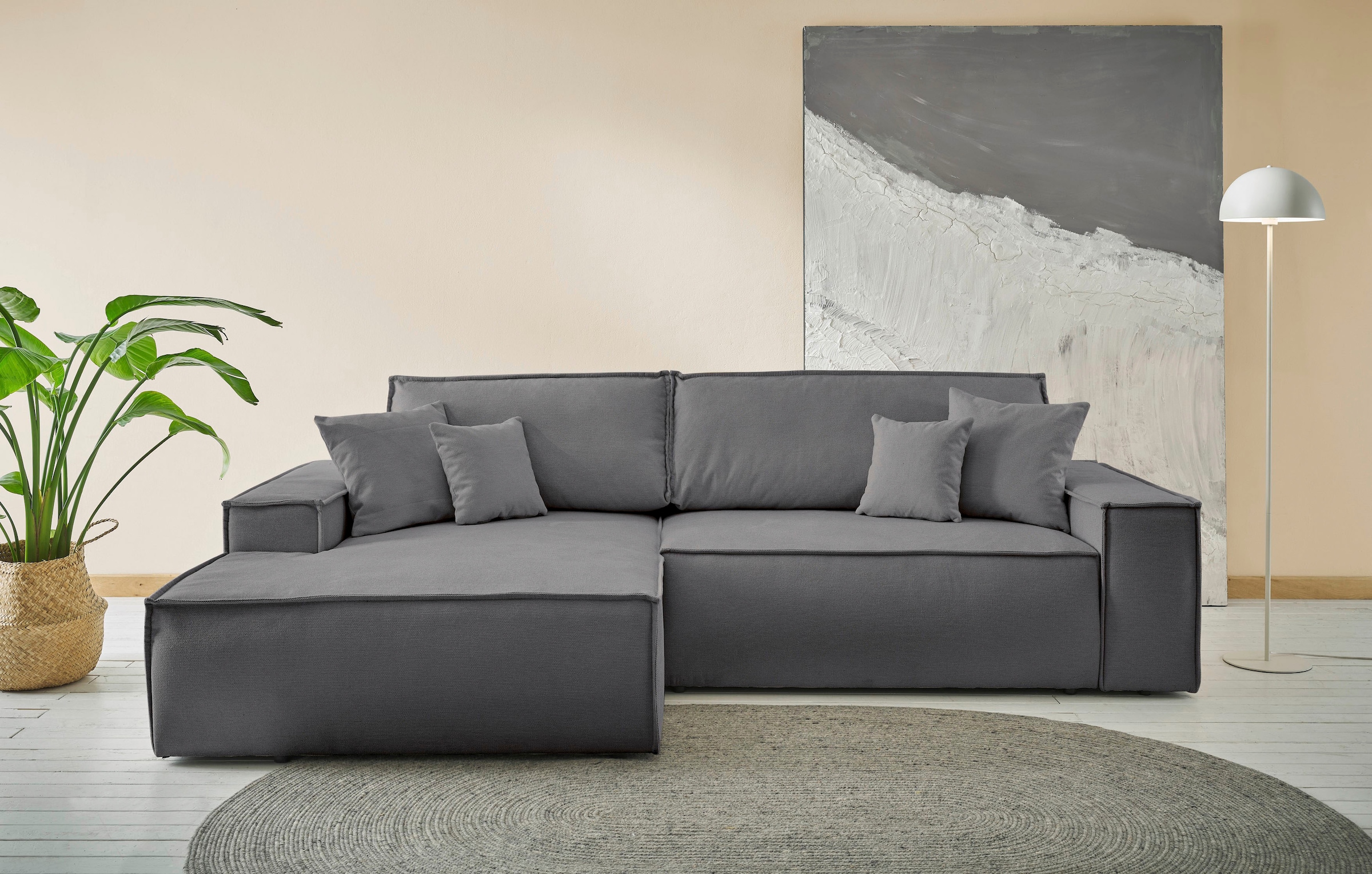 andas Ecksofa »Finnley Schlafsofa 267 cm in Bouclé, Struktur fein u. Cord, L-Form,«, Schlaffunktion m. Bettkasten (136/210 cm), Bouclé, Struktur und Cord