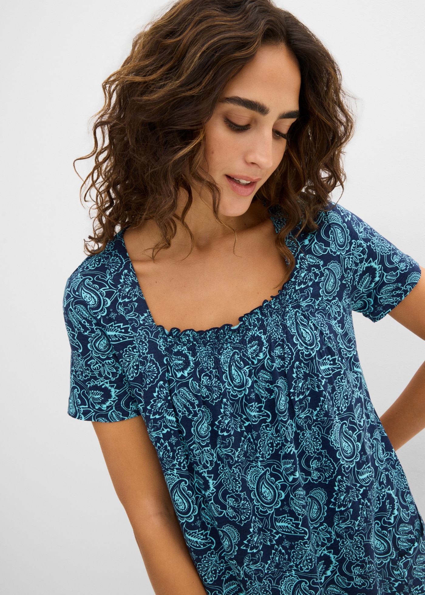 bonprix T-shirt tunique mit gerafftem Ausschnitt, in A-Linie, Kurzarm-Design