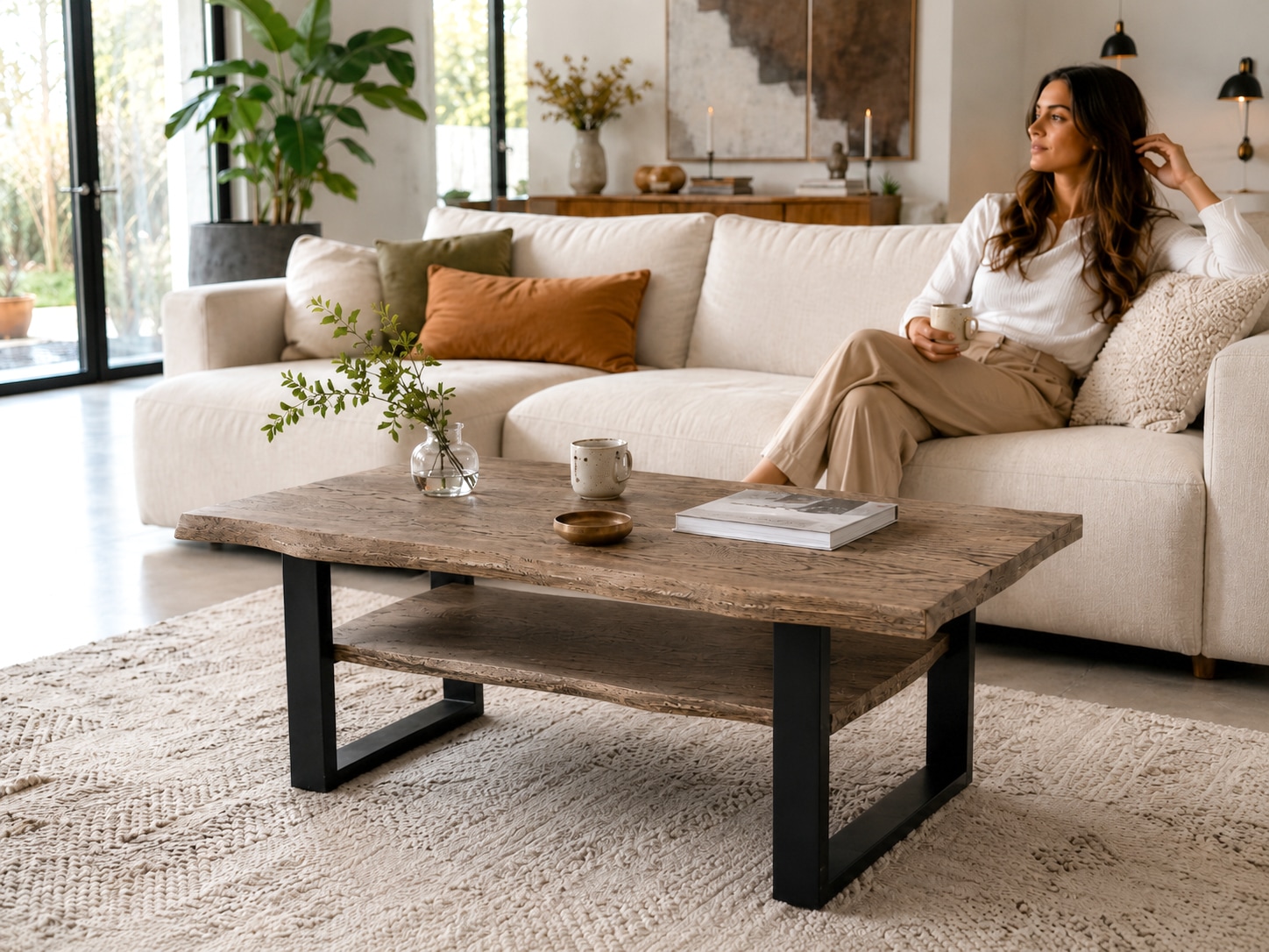 GOODproduct Couchtisch »Svalbard, Wohnzimmertisch, Sofatisch, Beistelltisch, Kaffeetisch« Wildeiche geölt Natur/Smoke, Baumkante, Metallgestell