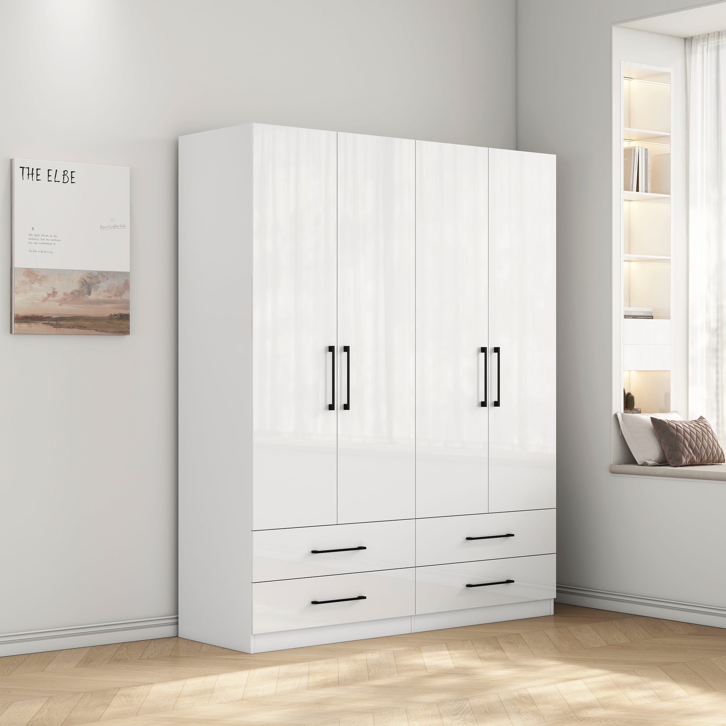 GOODproduct Armoires à vêtements »Sylt Schlafzimmerschrank Garderobe Schrank hochglanz« Drehtürenschrank mit 4 Schubladen und 4 Türen,  Schrank in Breite 160 mit viel Stauraum