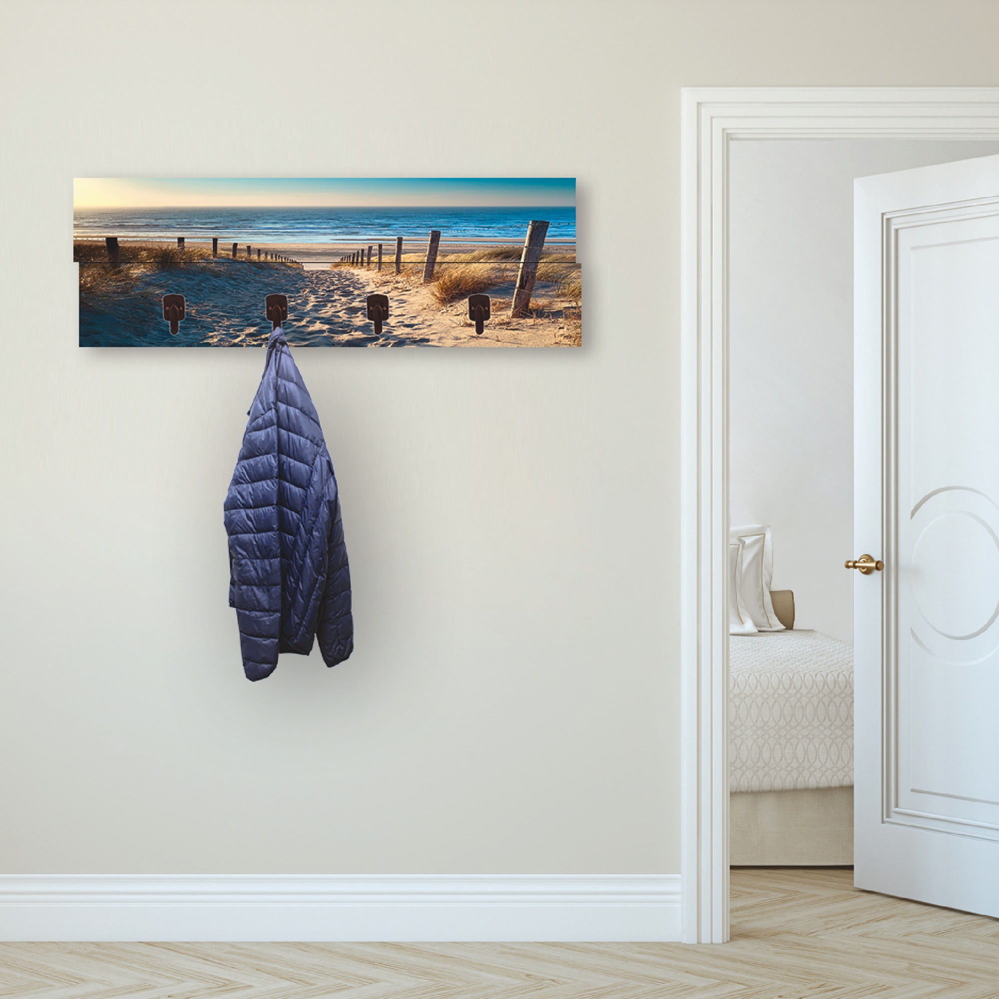 Image of Artland Garderobenleiste »Weg zum Nordseestrand Sonnenuntergang«, platzsparende Wandgarderobe aus Holz mit 4 Haken, geeignet für kleinen, schmalen Flur, Flurgarderobe bei Ackermann Versand Schweiz