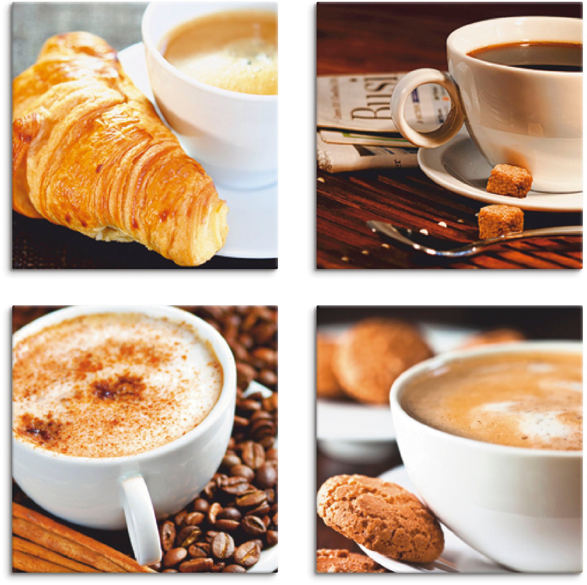 Image of Artland Leinwandbild "Kaffeetassen und Zeitung, Milchkaffee" Getränke 4 Stk. tlg. 4er Set, verschiedene Grössen