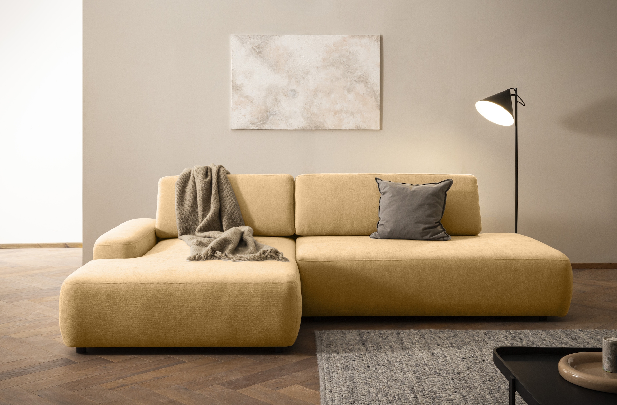 INOSIGN Ecksofa »TORGE, Schlafsofa Cord, Samtvelours u. Strukur fein, Couch in L-Form«, Schlaffunktion und Bettkasten, Liegefläche: 210x125 cm, neues Design