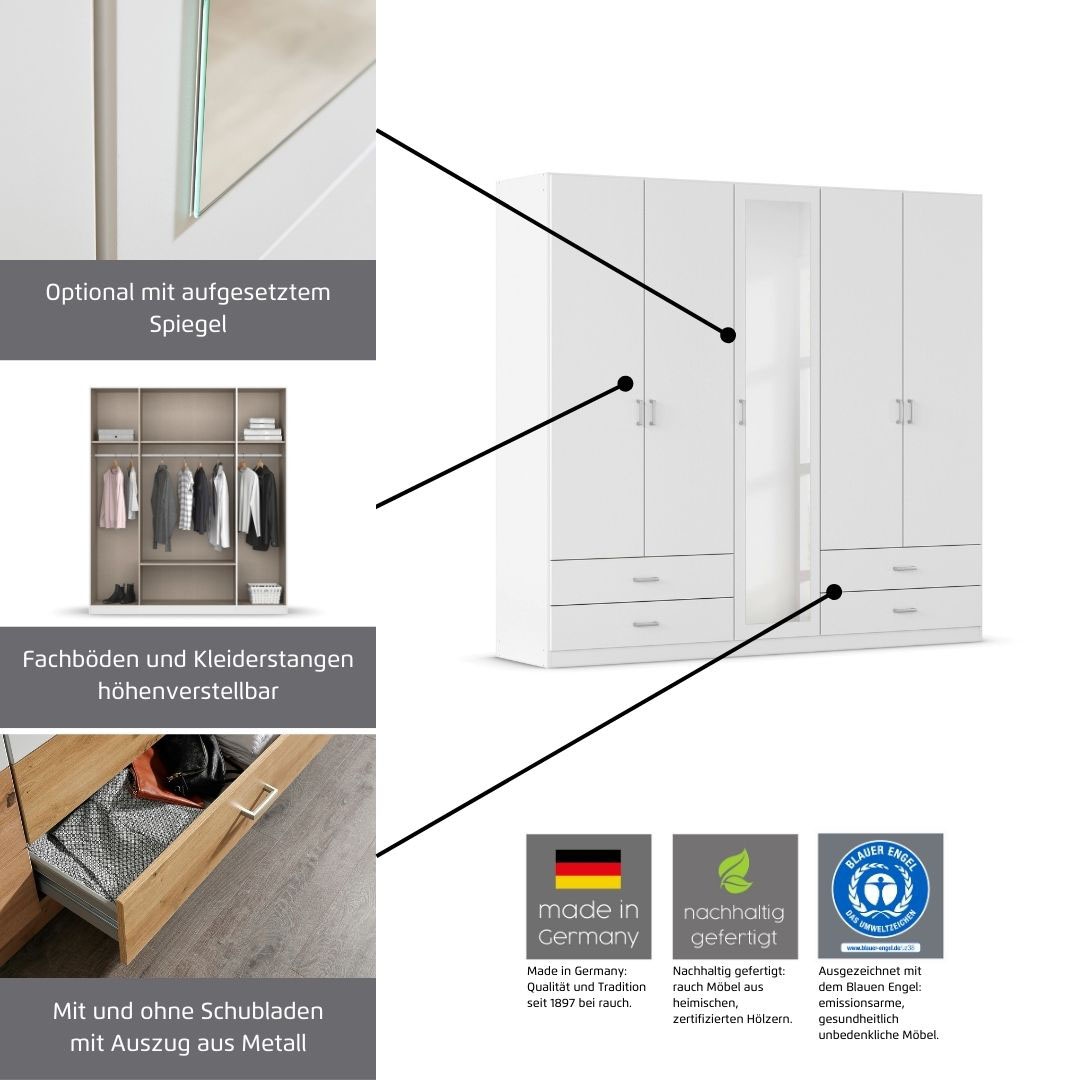 rauch »Kleiderschrank Schrank Garderobe Wäscheschrank BORBONA« Largeurs 226/271 cm, hauteur 210 cm,  en 2 largeurs, avec miroir et nombreuses combinaisons de couleurs FABRIQUÉ EN ALLEMAGNE